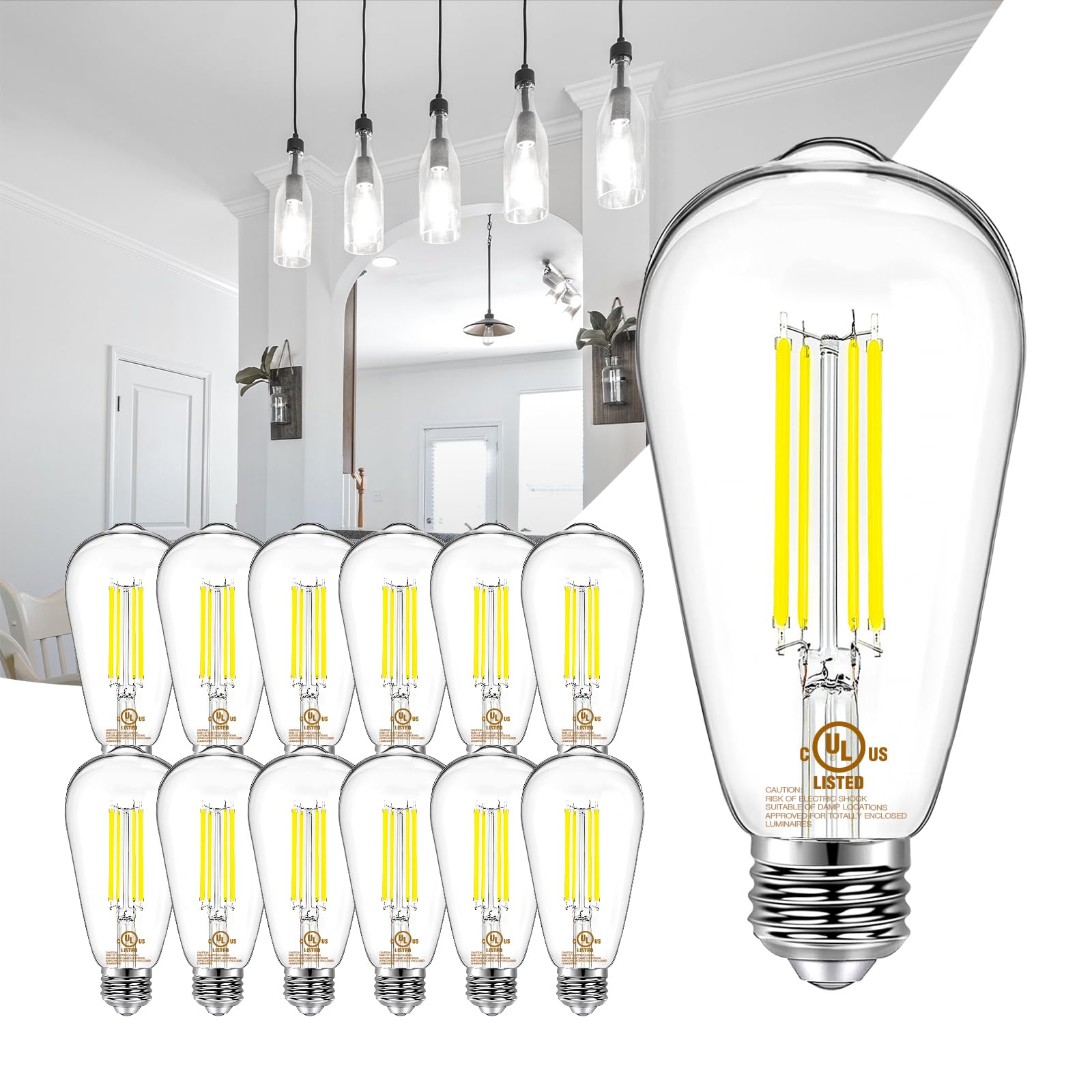 DAYBETTER 12 Pack Vintage LED Edison Bulbs, E26 Led Bulb 60W Equivalent, Dimmable Led Light Bulbs, High Brightness 800 LM Daylight White 5000K, ST58 Antique Filament Bulbs, Clear Glass Style for Home