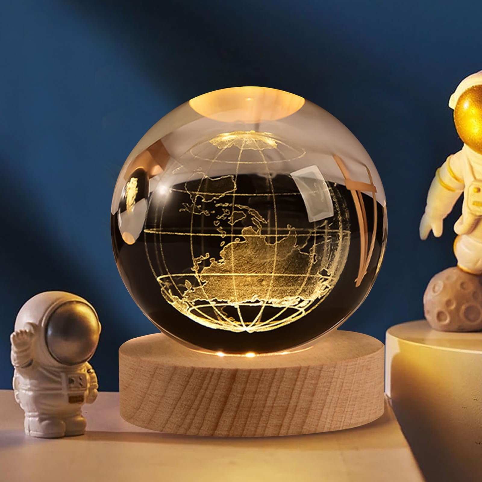 Dniebw 3D Earth Crystal Ball Night Light Glass Ball Night Lamp With Wooden Base Fantasy Decoration Crsytal Ball Led Galaxy Planet Nightlight Bedroom Decor For Women 2.4 Inch(60Mm)