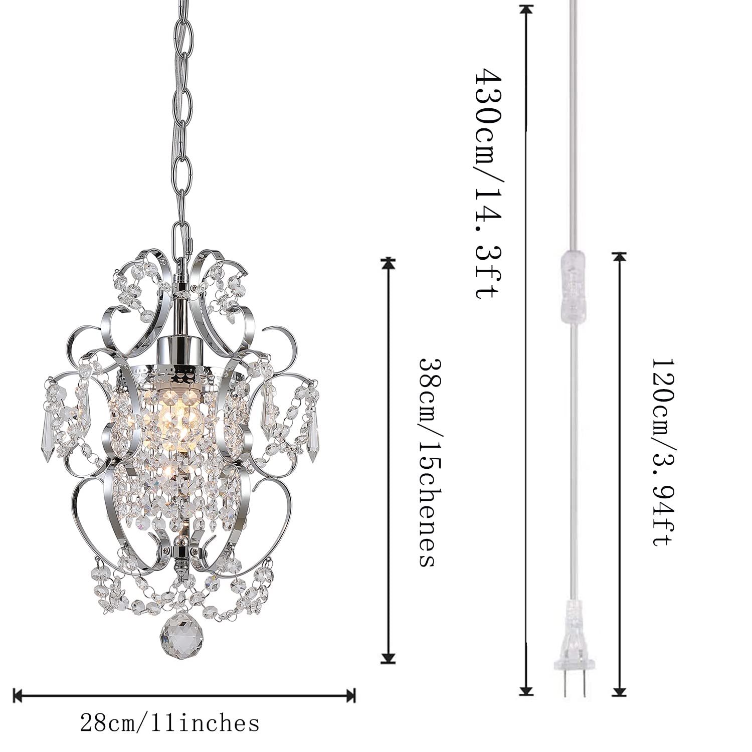 riomasee Plug in Chandelier Hanging Light Fixture with 14.27 Ft Hanging Cord and On/Off Switch,Mini Chrome Crystal Chandelier Li