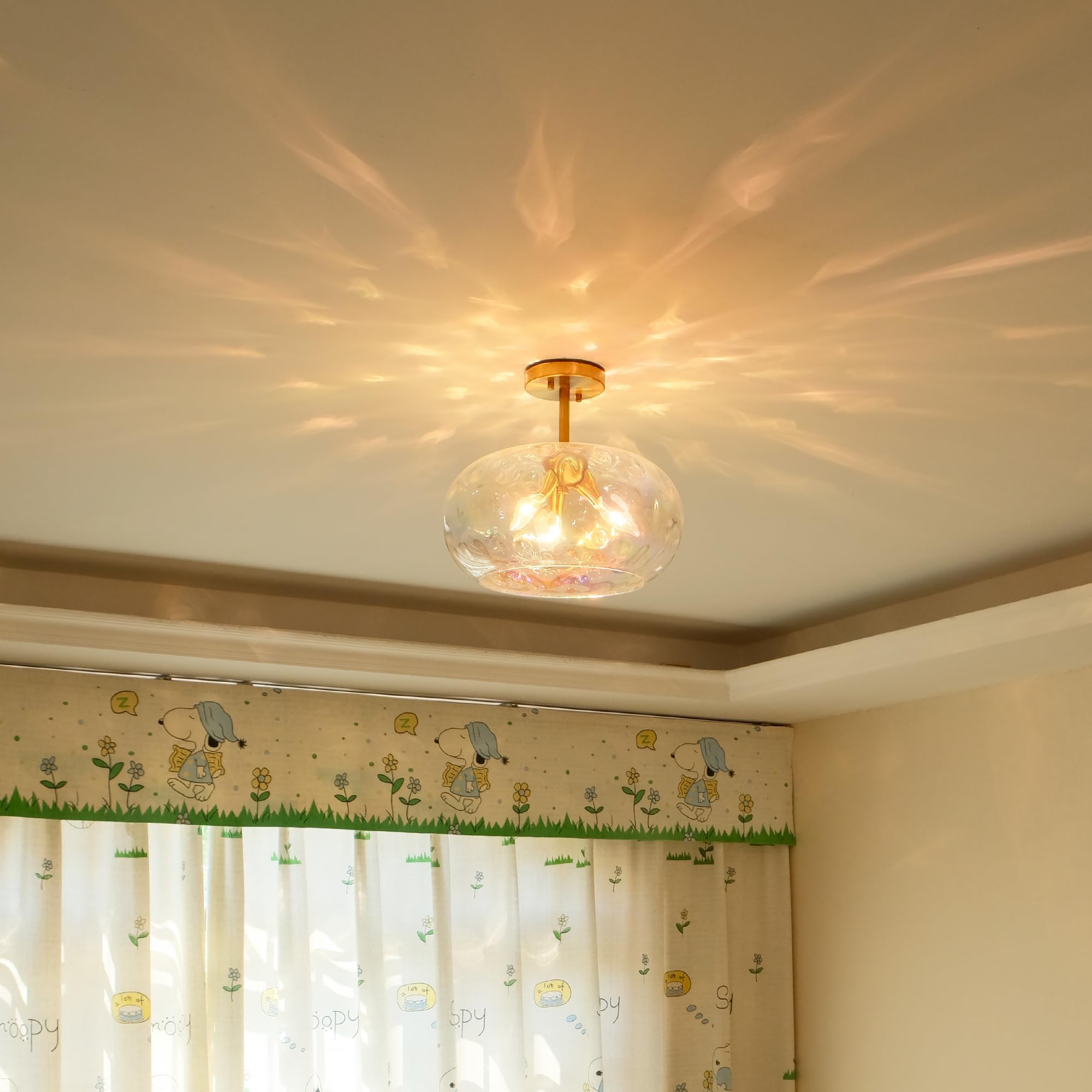 Wrlmfy Brass Gold Semi Flush Mount Ceiling Fixture Large Hammered Glass Shade Modern Close to Ceiling Light 14 Art Lampshade for