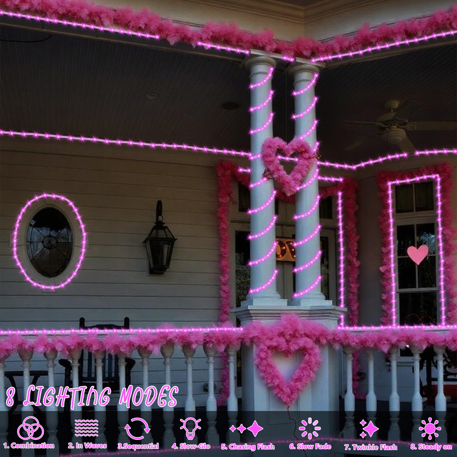 Yeguo 66Ft 200 Led Solar Rope Lights Outdoor Waterproof, Pink String Lights For Outside, 8 Modes Fairy Lights In Clear Thin Tube