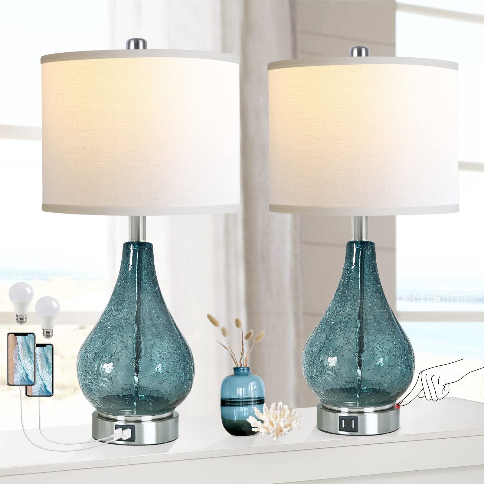QiMH Glass Table Lamp for Living Room Bedroom Set of 2, 22.5'' LED Light with Touch Control, Blue 3 Way Dimmable Modern Bedside 