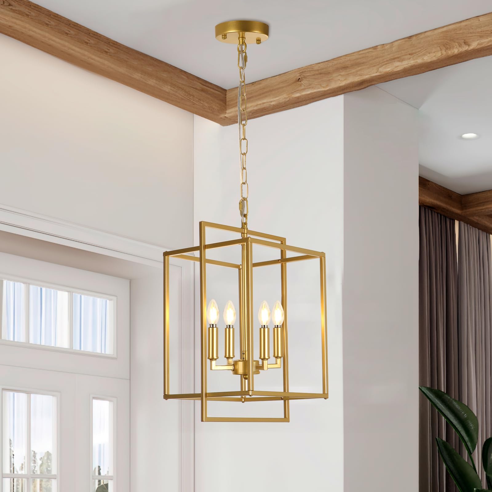 Kmaipem Farmhouse Gold Chandelier, 4-Light Vintage Chandeliers For Dining Room, Adjustable Modern Rustic Metal Hanging Pendant L