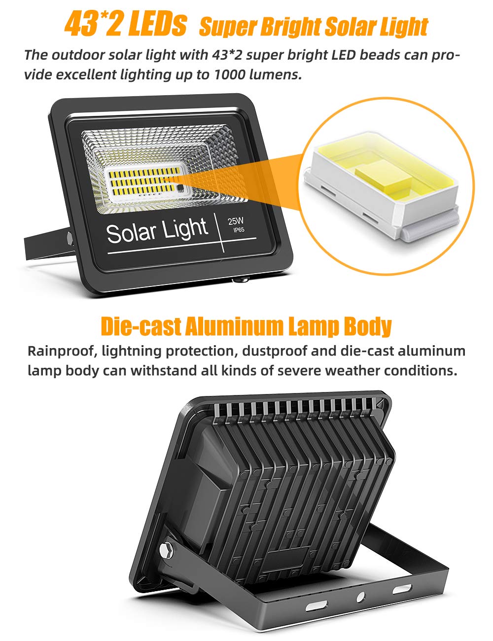 Solar Flood Light Outdoor 1000Lm Dual 6000K Bright White Floodlights Ip65 Waterproof Solar Power Light Auto On/Off Dusk To Dawn With Remote Control For Yard, Garden, Shed, Barn.
