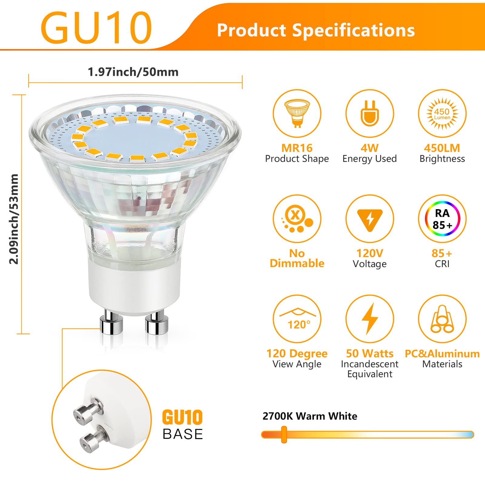 Maylaywood 4W Gu10 Led Light Bulbs, 50W Halogen Equivalent, Warm White 2700K,
