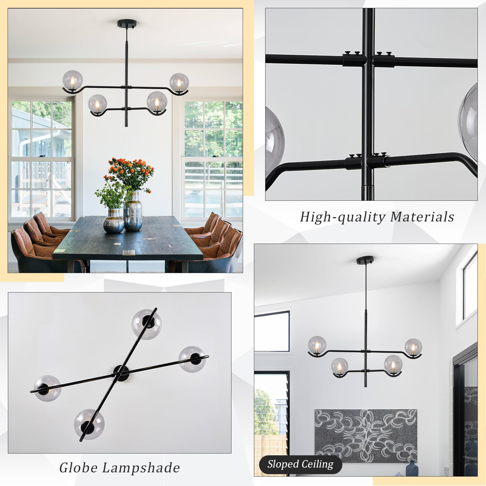 Catiner Modern Black Sputnik Chandelier, Large 4 Lights L31 '' Mid Century Long Ceiling Pendant Light With Smoke Gray Glass Glob