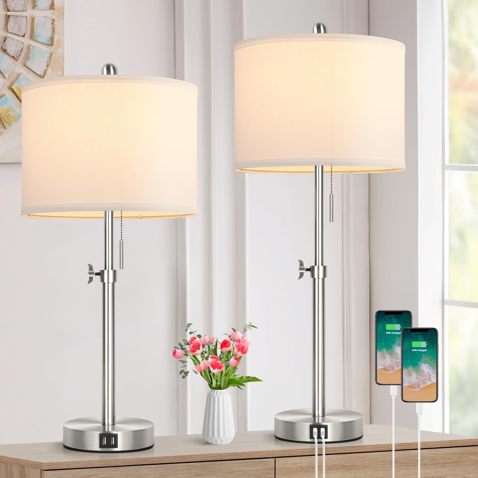 Kondras Table Lamp Set of 2 for Bedroom, Bedside Lamp with 2 USB Ports, 23" to 30" Height Adjustable Tall Table Lamp for Living Room End Tables, Modern Silver Nightstand Lamp with Pull Chain
