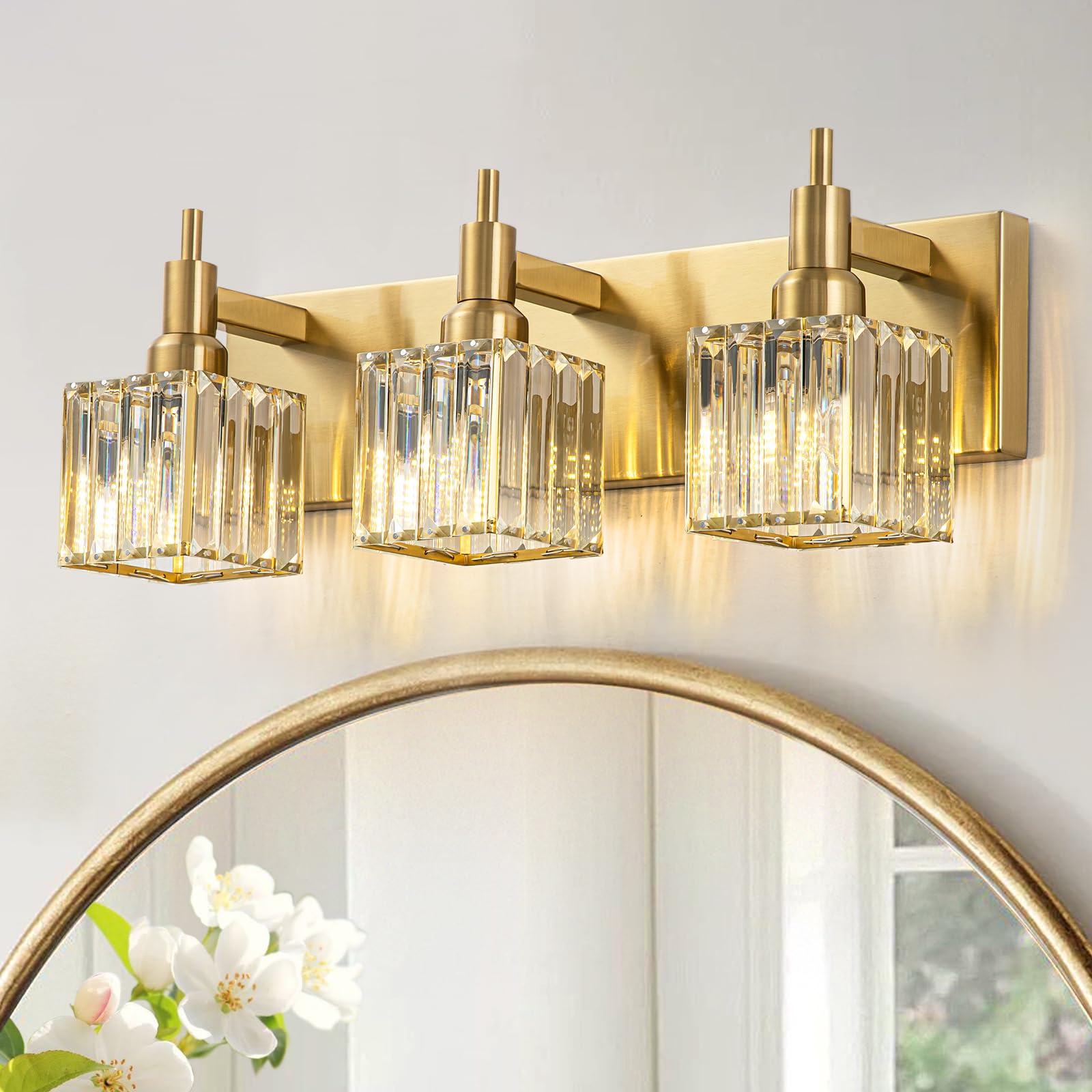 HUOKU Gold Bathroom Vanity Lights - 3-Light Modern Crystal Wall Light Fixture Over Mirror