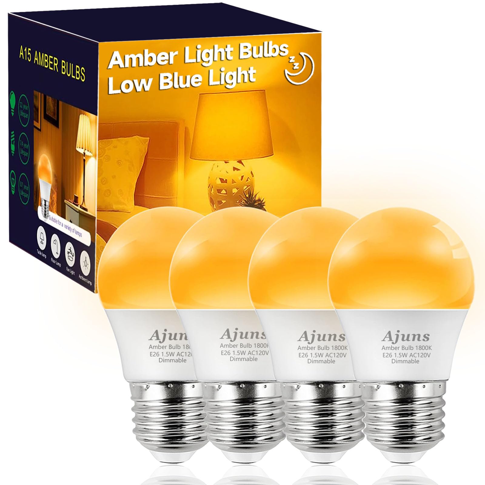 Ajuns Amber Sleep Light Bulb Dimmable  Blue Light Blocking  A15 E26 1.5W 15 Watt Equivalent Dim Light Bulb  1800K Warm Bulb for Healthy Sleep  Bedroom  Childrens Room 4pack