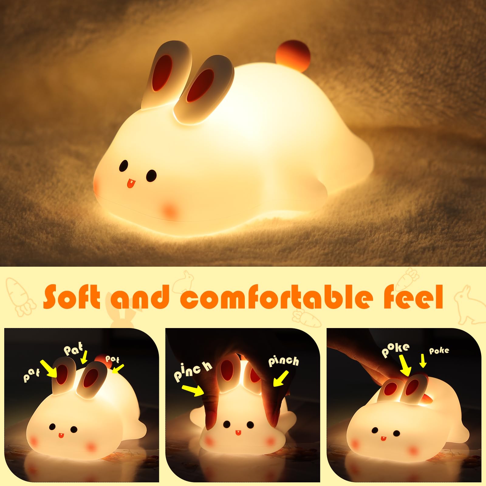 YISUN Bunny Night Light, Rechargeable LED Lamp, 3-Level Dimmable, Cute Silicone Design for Kids Room, Model K-1153