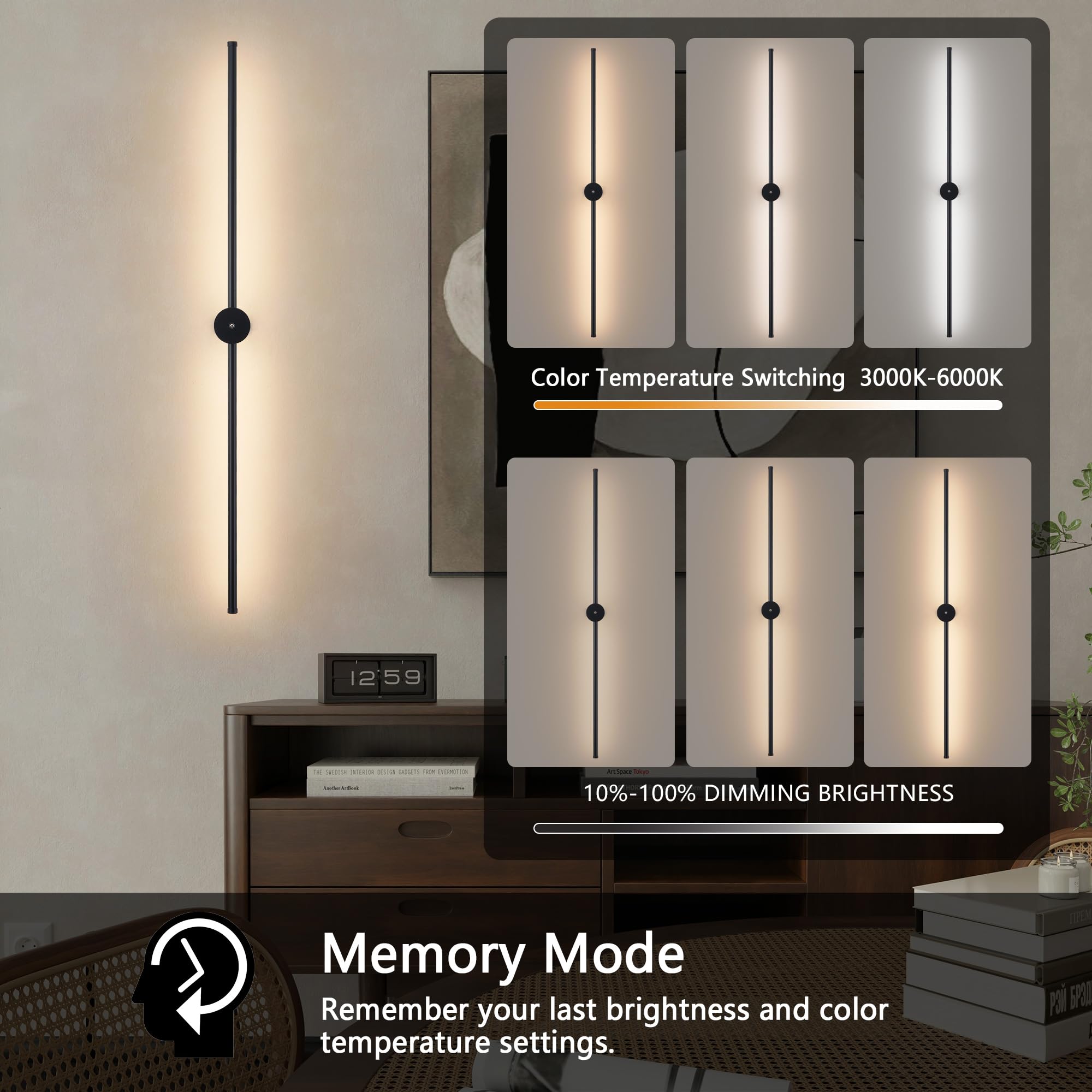 GWONER Battery Operated Wall Sconces Set of 2 with Remote Control, 40   Wireless Rechargeable Wall Lights, 3000K-6000K Steples