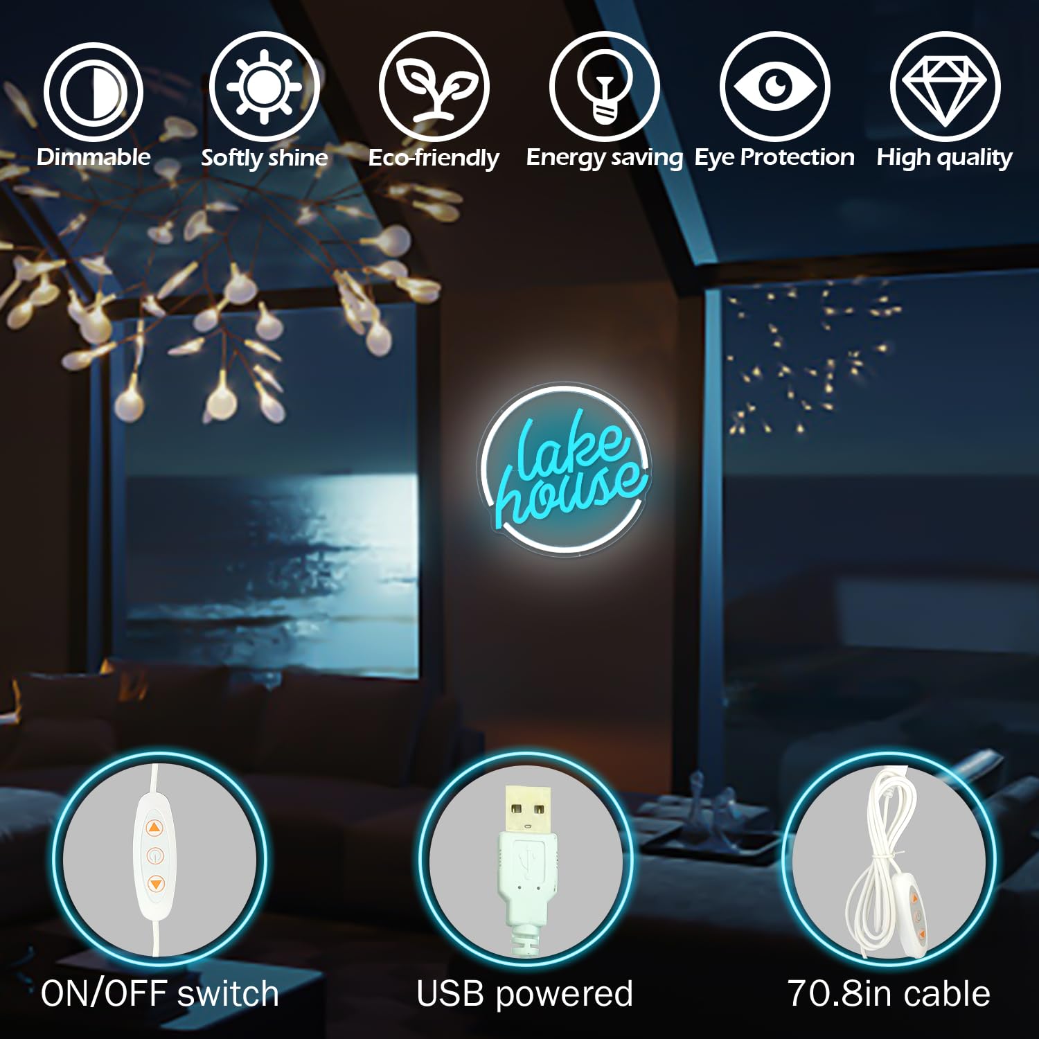 Ajoyferris Lake House Neon Sign, Dimmable LED Light, Acrylic, 1.1x2 inches, White/Ice Blue, Model: LakeHouse