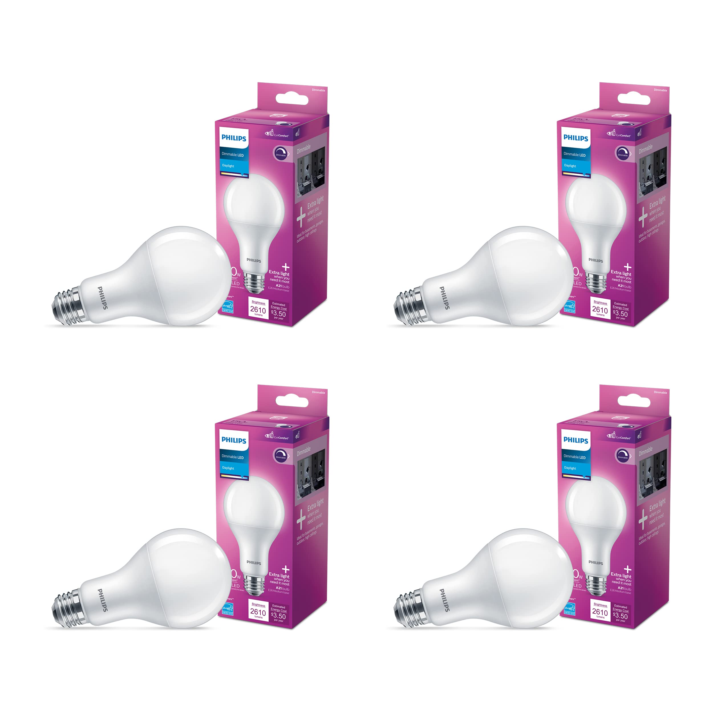 Philips LED A21 Light Bulb 2610 Lumen Dimmable 29W=150W E26 Base 4-Pack Daylight (5000K) Plastic