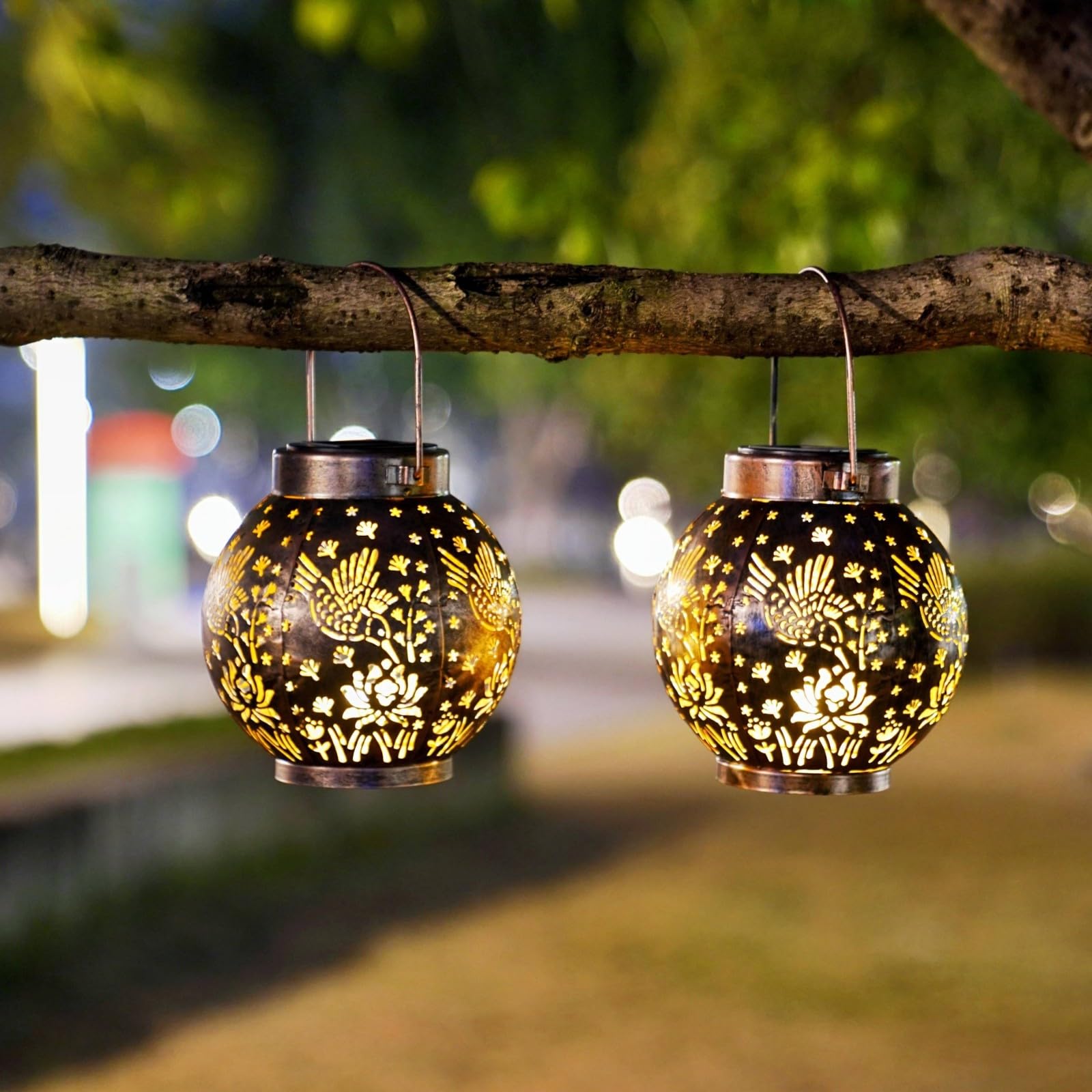 EXCMARK Outdoor Solar Hanging Lantern Lights LED Metal Decorative Lamp Bronze Hummingbird Floral Design for Garden Patio Table