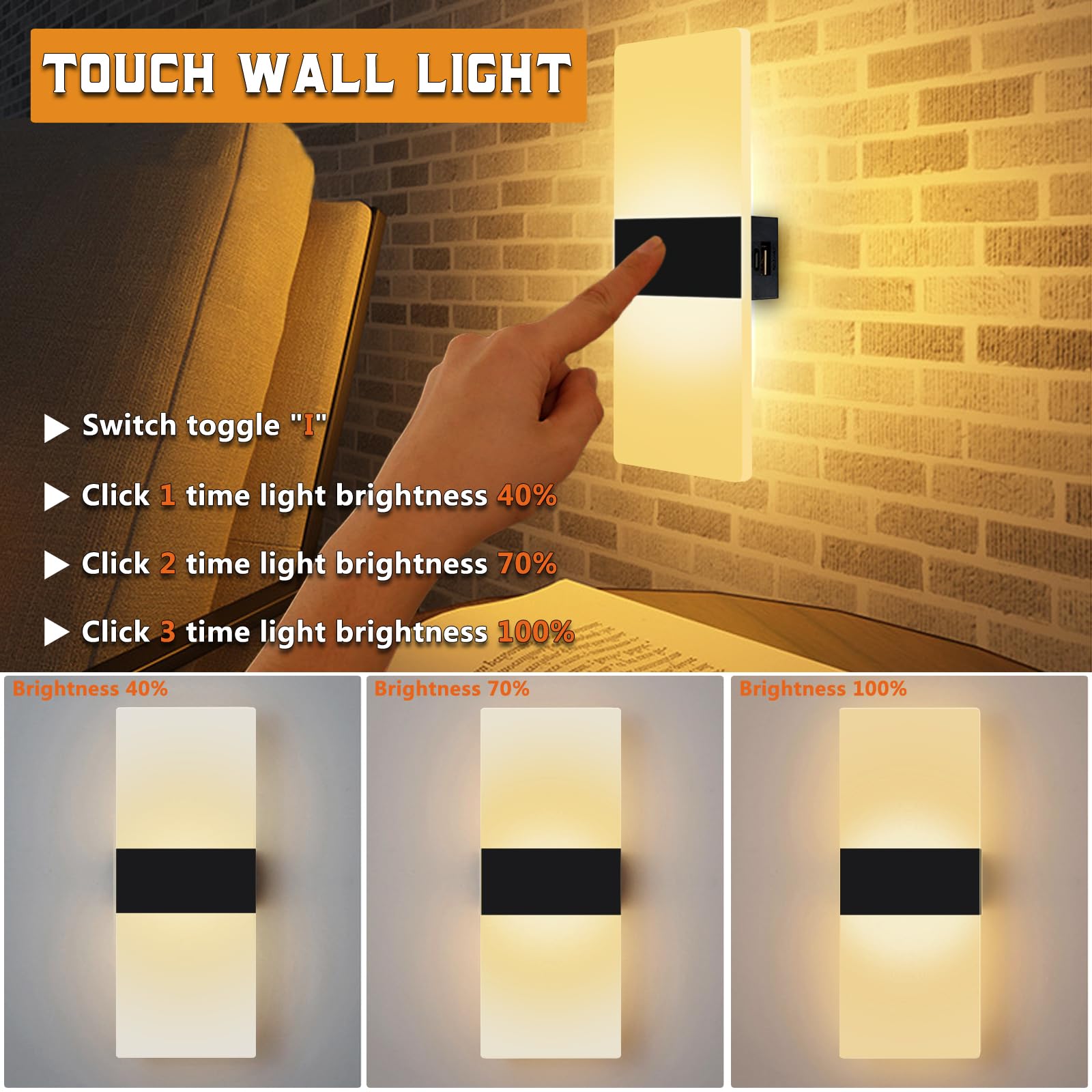 Ankboy Rechargeable Led Wall Lights Set Of 2, Battery Operated, Usb Charging, Warm White