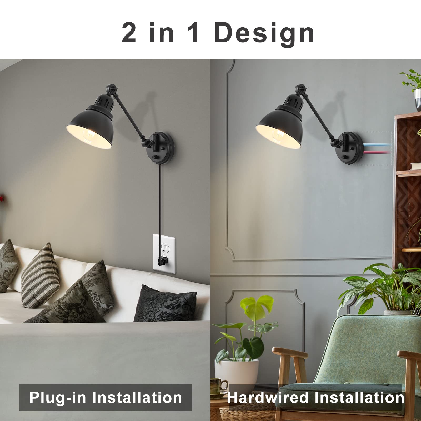 Goodate Dimmable Plug-In Wall Sconce, Black Metal Swing Arm Lamp With 6Ft Cord, E26 Base