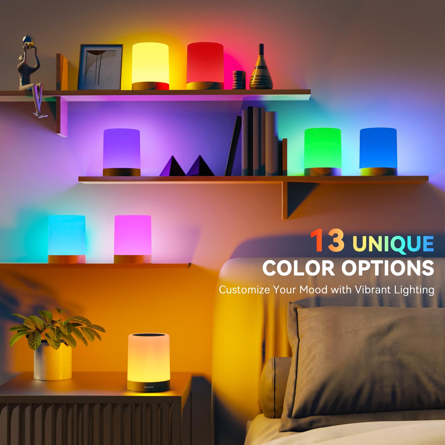 Auxmir LED Night Light Tabletop Lamp, Dimmable, 13 Colors, 5 Brightness, Rechargeable, Remote & Touch, Classic Brown, Model M1