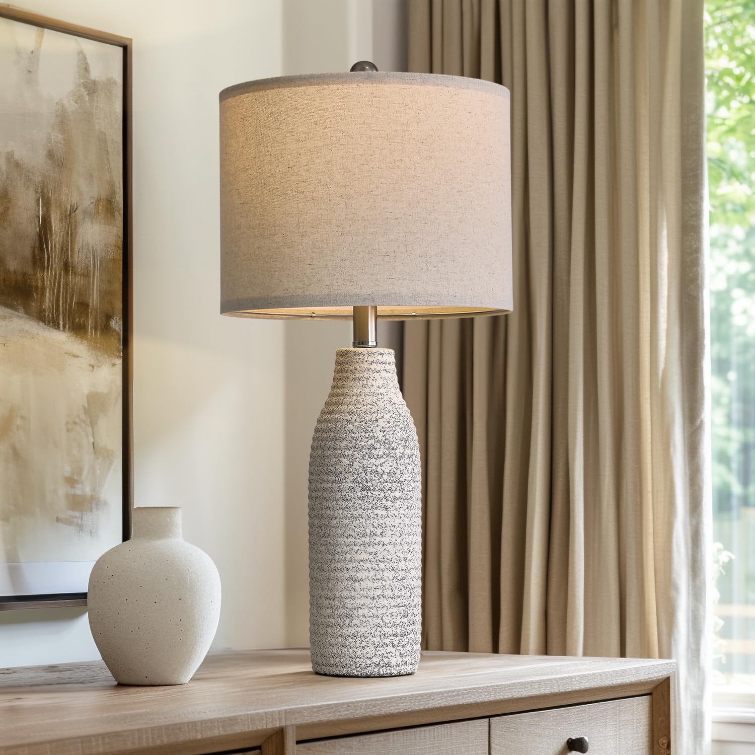 PORTRES 25'' Ceramic Table Lamp for Bedroom Bedside Lamps for Night Stands Modern Lamps for Living Room with Rotary Switch Gray 