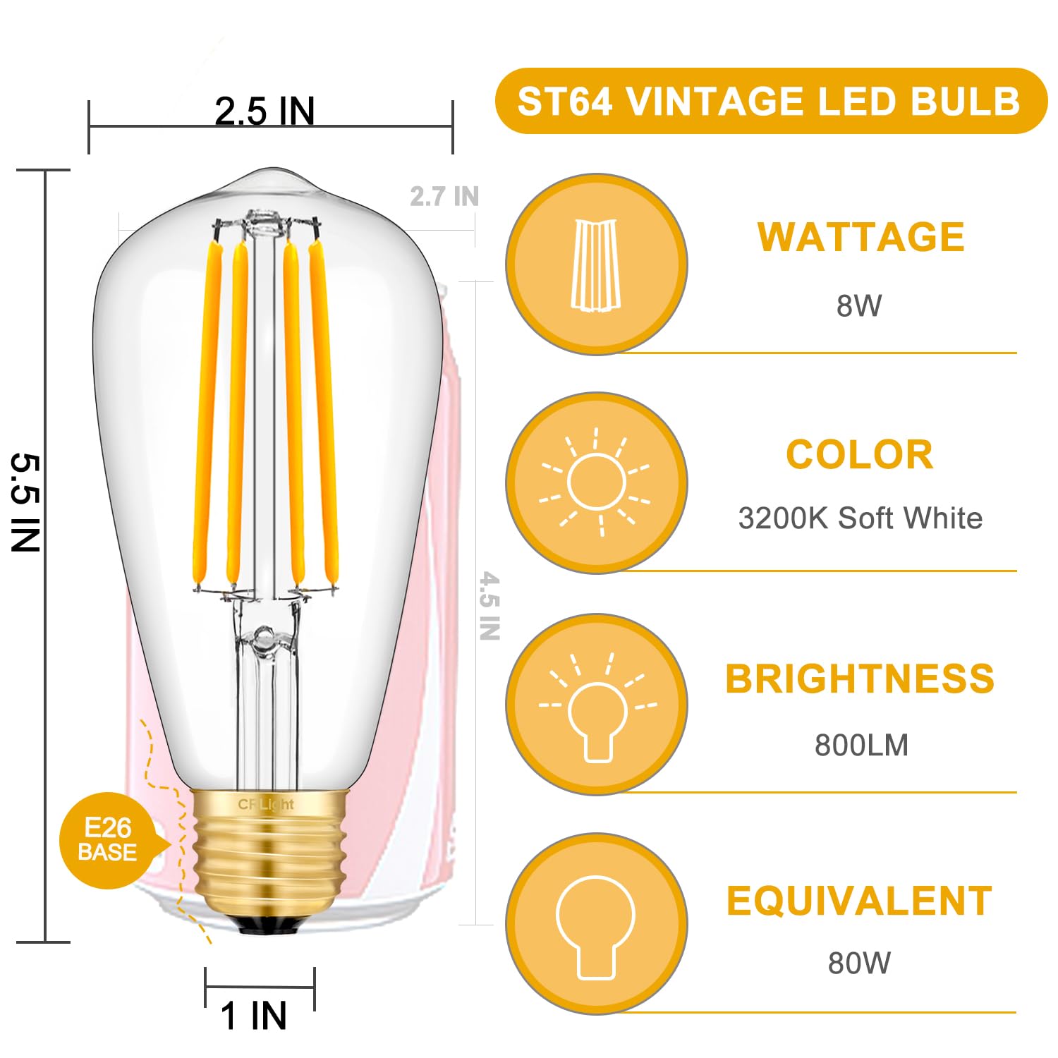 Crlight 8W Dimmable Led Edison Bulb, 80W Equivalent, Soft White 3200K, 6 Pack