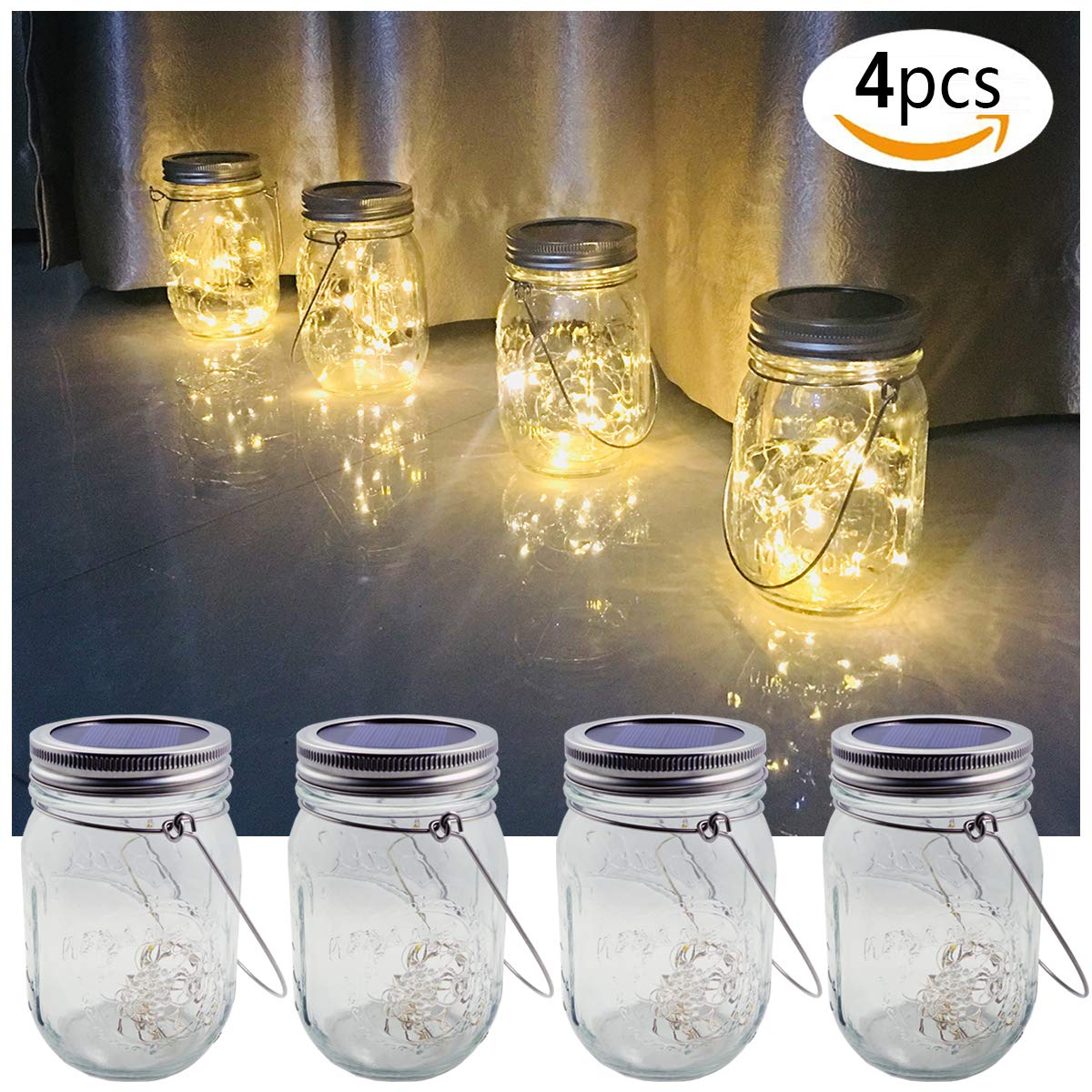 Aubasic Solar Mason Jar Lights, 30 LEDs Waterproof Fairy String Lights, 4 Pack, Glass, Warm White