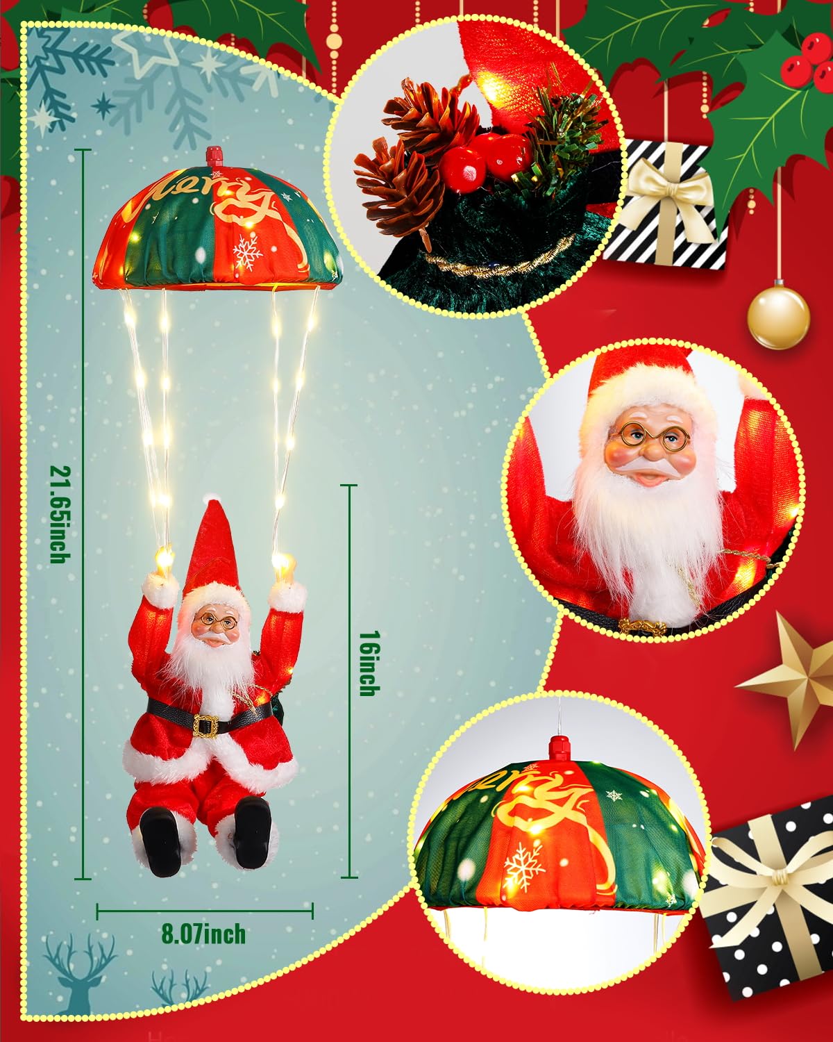 Christmas Parachute Santa Lights - Plug in Set of Two Santa Lights with 8 Lighting Modes and Timer, Hanging Lighted 2 Santa Clau