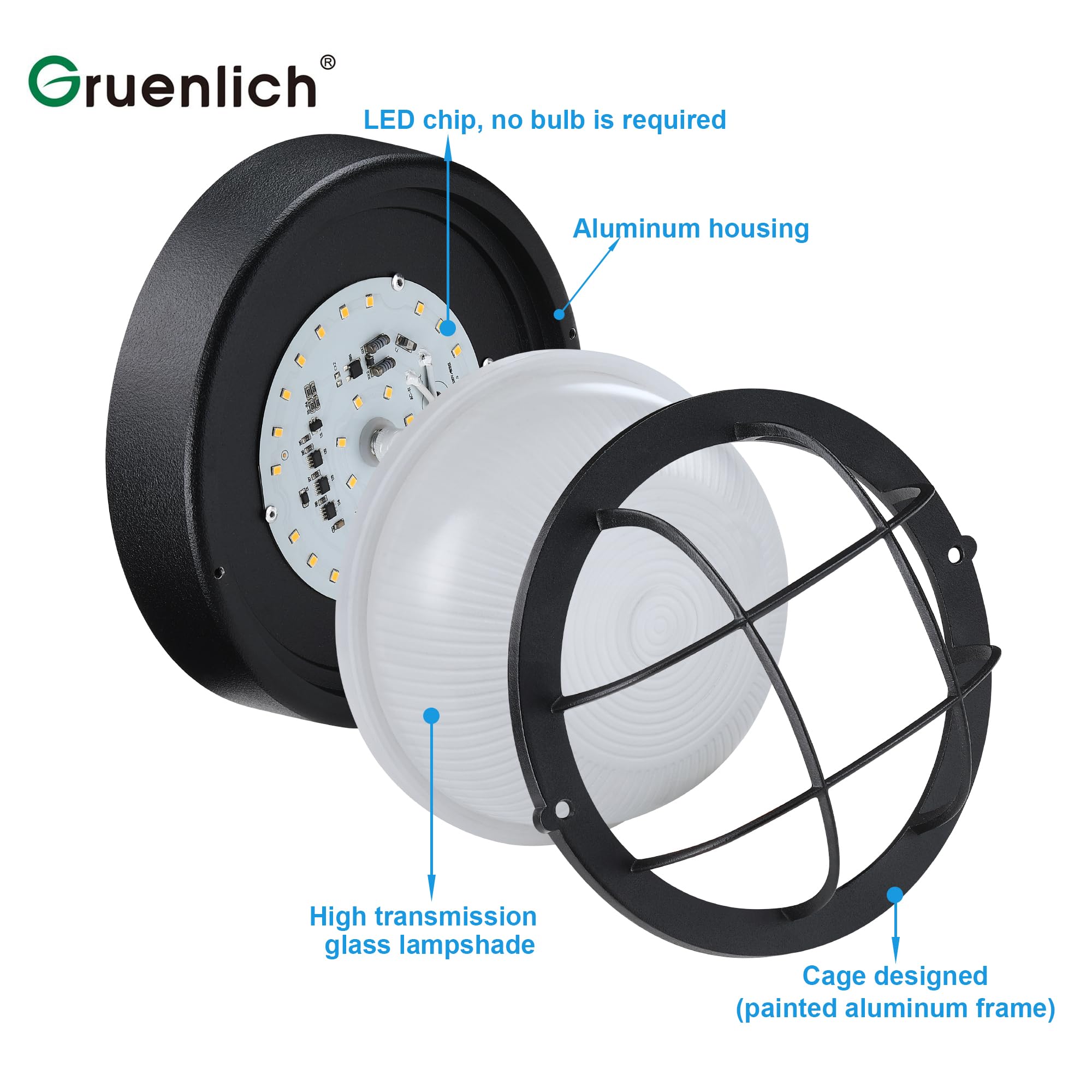 Gruenlich 8 Round Led Bulkhead Light Fixture  Outdoor Wall Lights Dimmable  Sauna & Exterior Lighting  Etl Rated  15W 1500 Lumen  3000K Warm White  Black Cast Aluminum  Wall/Ceiling Mount  1 Pack