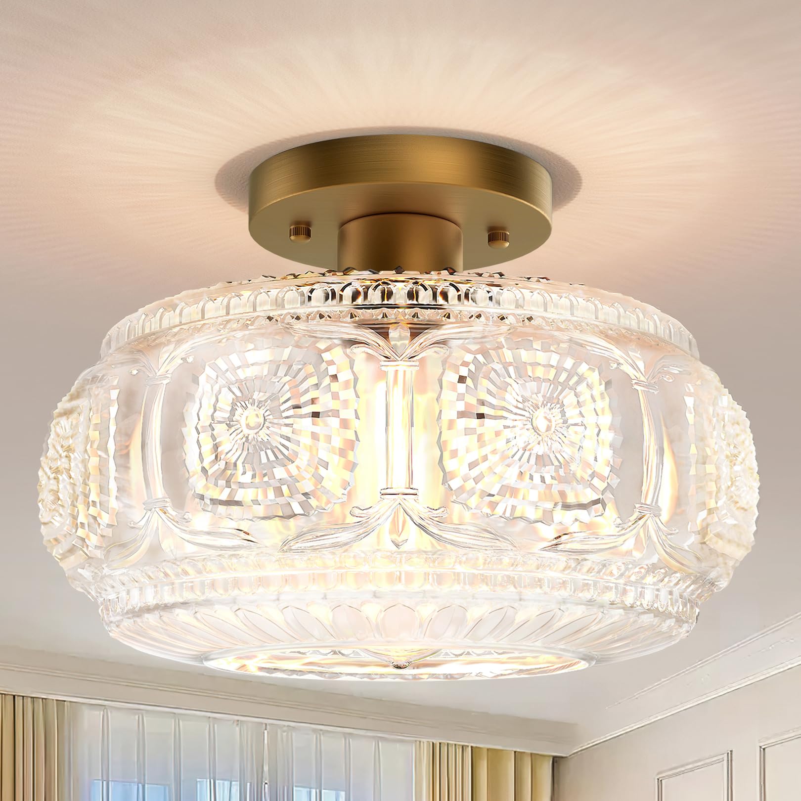 OYKYOHEI Semi Flush Mount Ceiling Light  Upgraded 12 inch Larger Gold Glass Ceiling Light Fixture  Vintage Lighting for Hallway Kitchen Bedroom Dining Room  Bulb Not Included