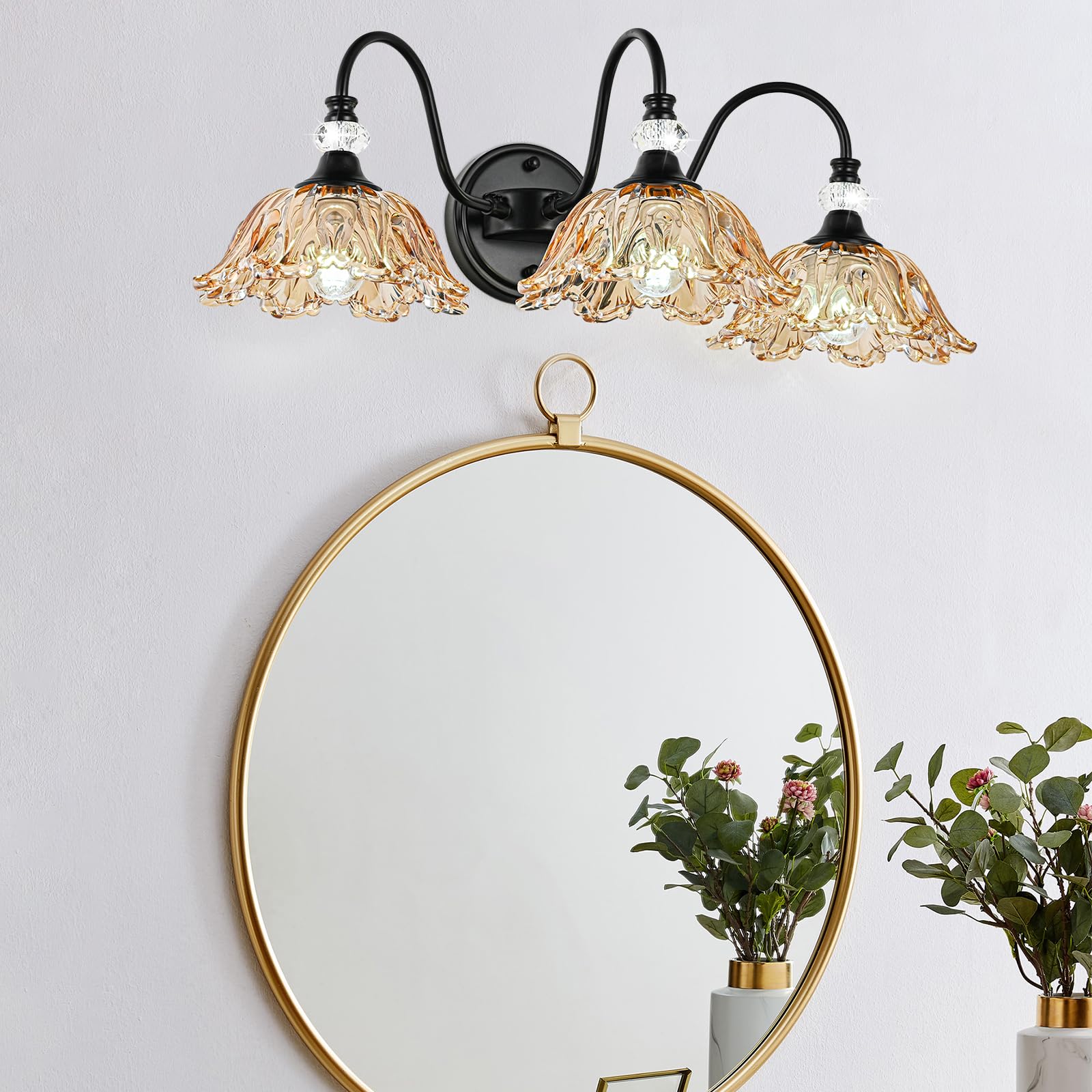 sunkryster 3-Light Bathroom Vanity Light, Black & Amber Floral Glass Shades, Vintage Farmhouse Wall Mount, Model Sun-104AB-3-Black-Amber