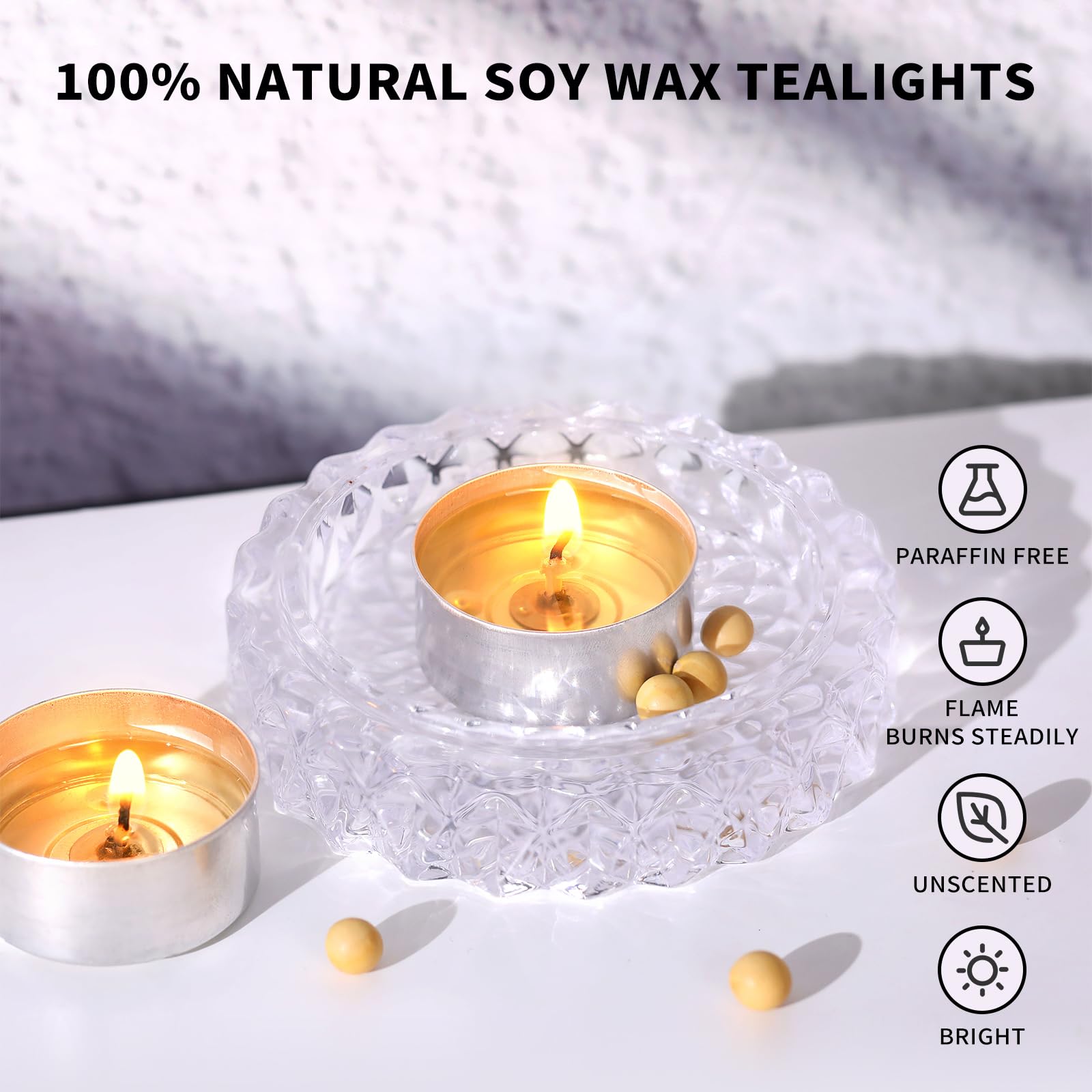 Soy Wax Tealight Candles | 100 Pack- 6 Hours Long Burning Tea Candles, 100% Natural Soy Wax Tea Lights Candles | Paraffin-Free,