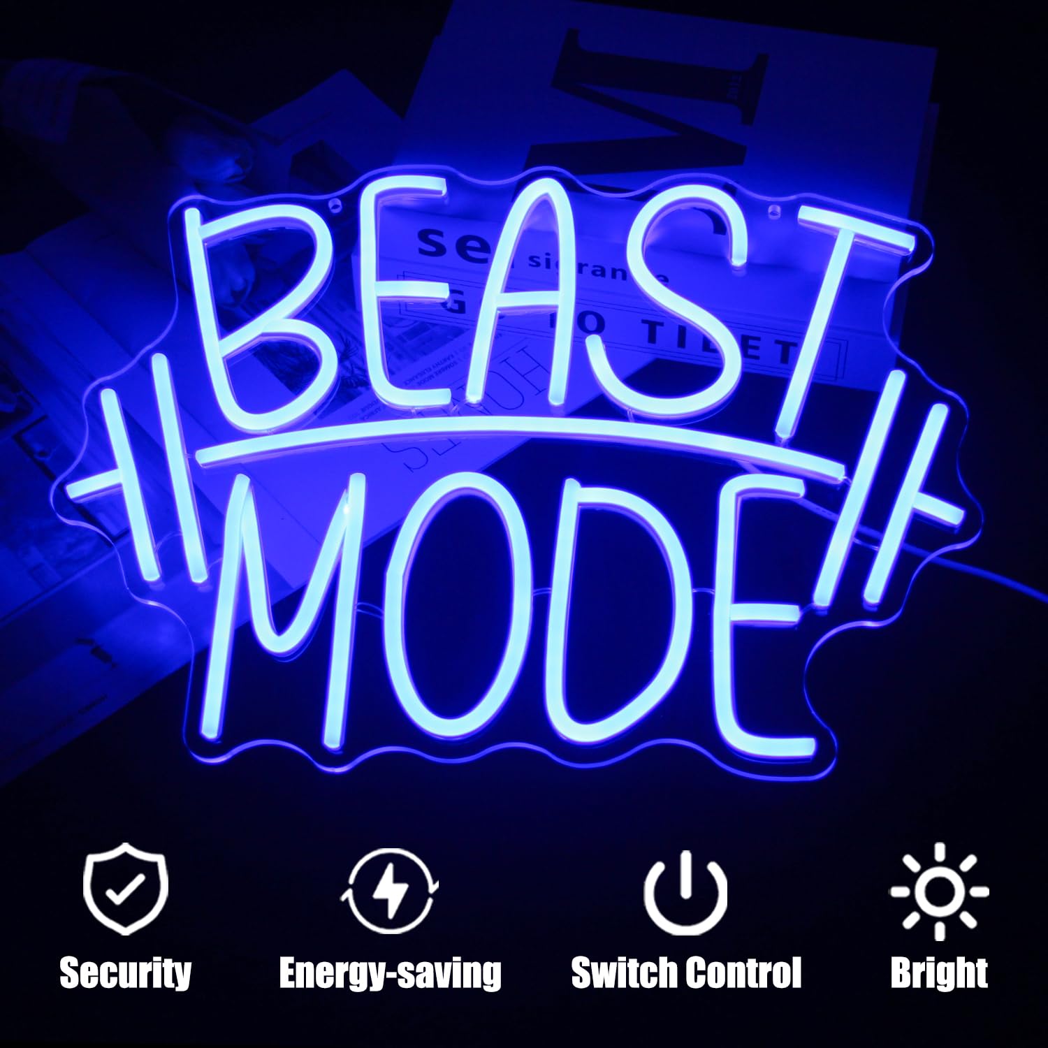 CKTBLEY Beast Mode Neon Sign - Blue LED Wall Art, 16.5x11.8 inches, Plastic, CC-Beast Blue, Motivational Gym Decor