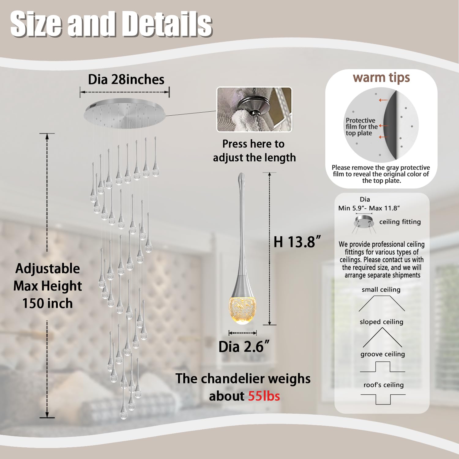 Ykolupty 150In High Ceiling Chandelier For Foyer Entrance 36-Light Crystal Silver Chandelier Light Fixture Large Ceiling Light For Living Room Staircase Hallway Dining Room