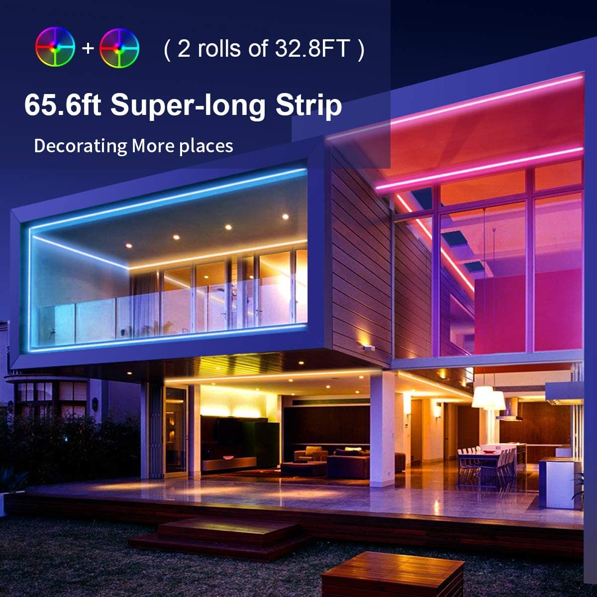 MIHEAL LED Strip Lights - 65.6Ft RGB Color Changing, Bluetooth App Control, Music Sync, Plastic, White - Perfect for Bedroom & Party Decor
