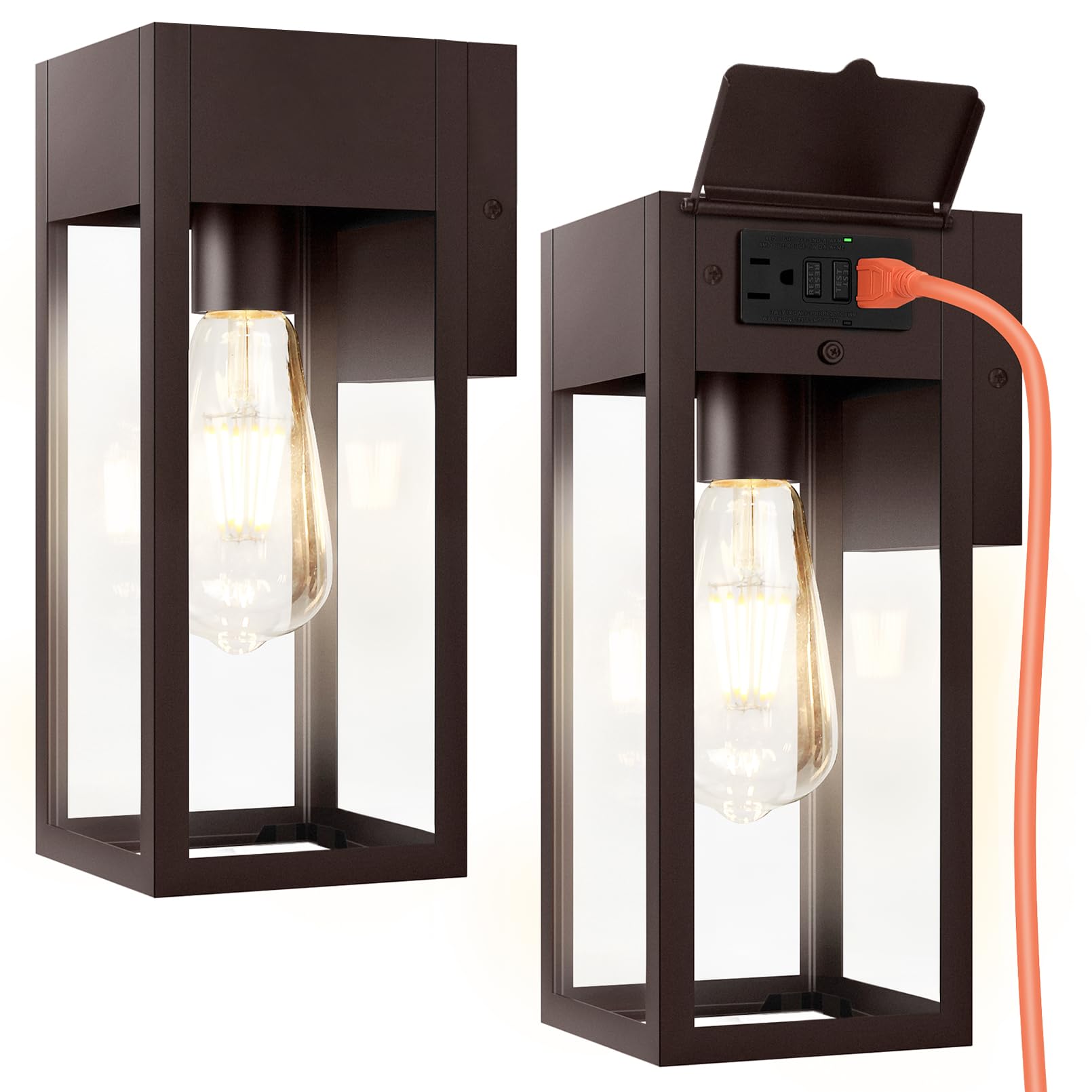 OYKYOHEI Outdoor Wall Sconce Lights, Waterproof Metal Lantern with GFCI Outlet, Oil Rubbed Bronze, No Sensor, 2 Pack