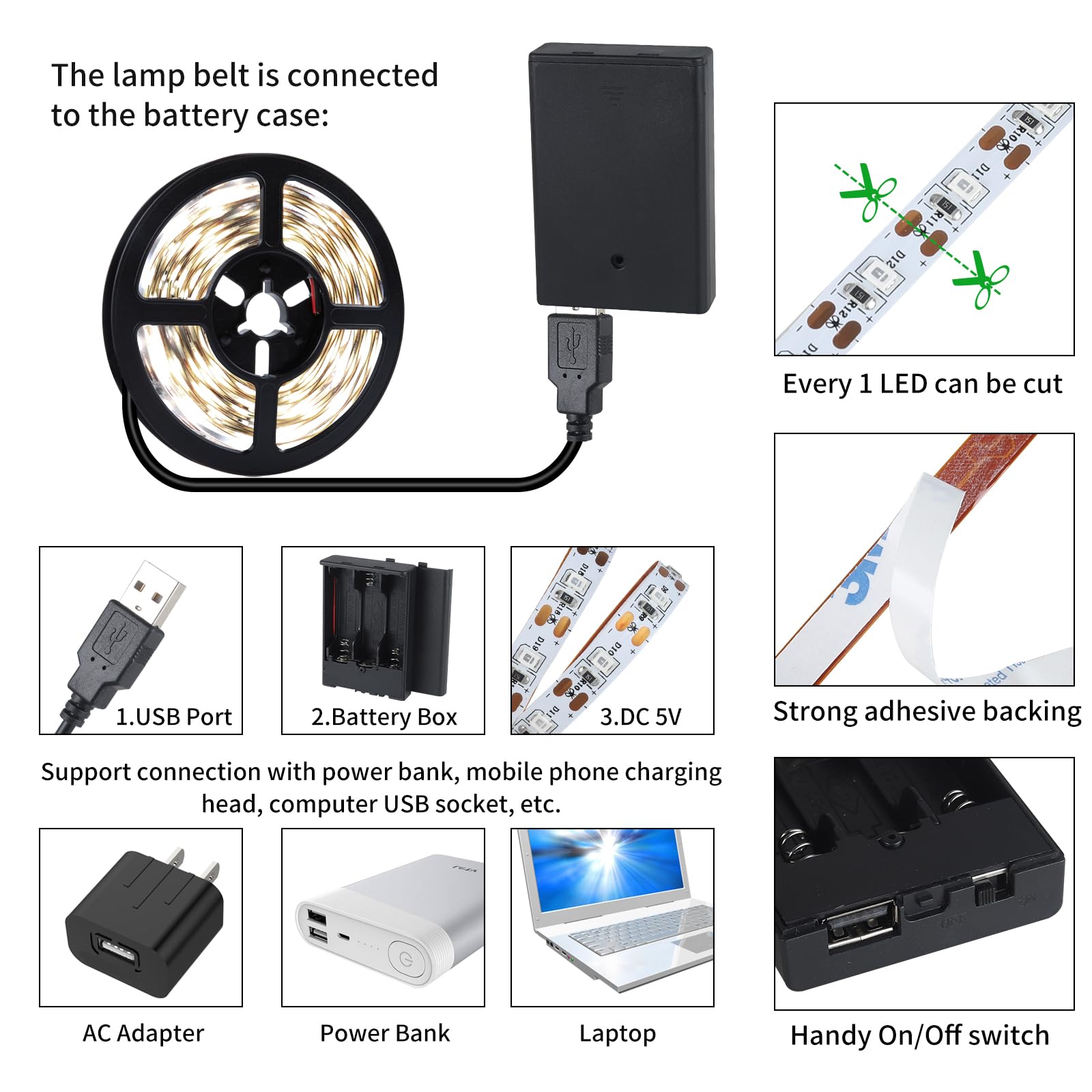 NEWREACH USB LED Light Strip, 16.4ft Daylight White, Cuttable for Bedroom, Mirror, Camping, Model NR-DLS2.5M-Battery-2P