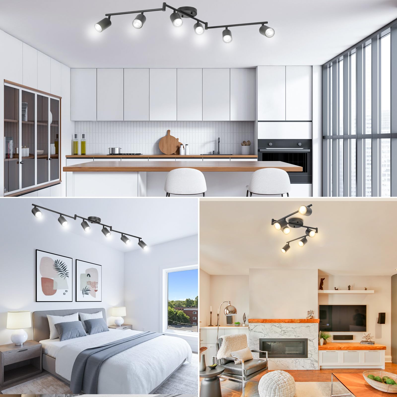 Boostarea Led 6 Light Track Lighting Kit, Black 6 Way Ceiling Spot Lighting, Flexibly Rotatable Light Head For Kitchen, Living R