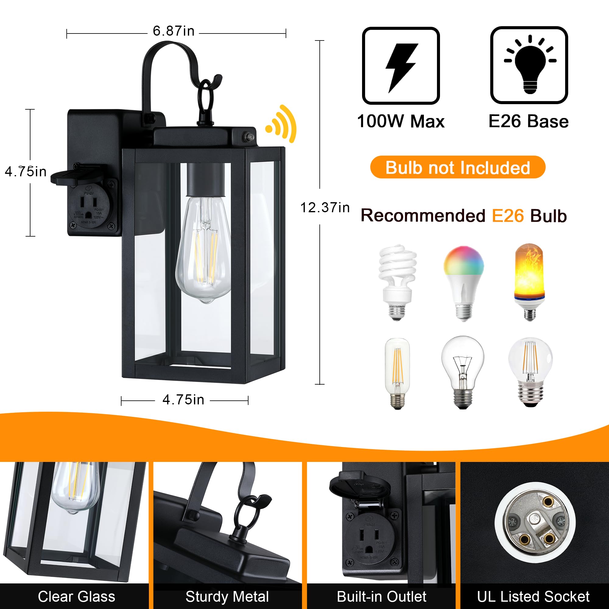 2 Pack Modern Porch Lights - Dusk To Dawn, Waterproof Outdoor Wall Sconces With Ul Certified Outlet, Exterior Lighting Fixtures