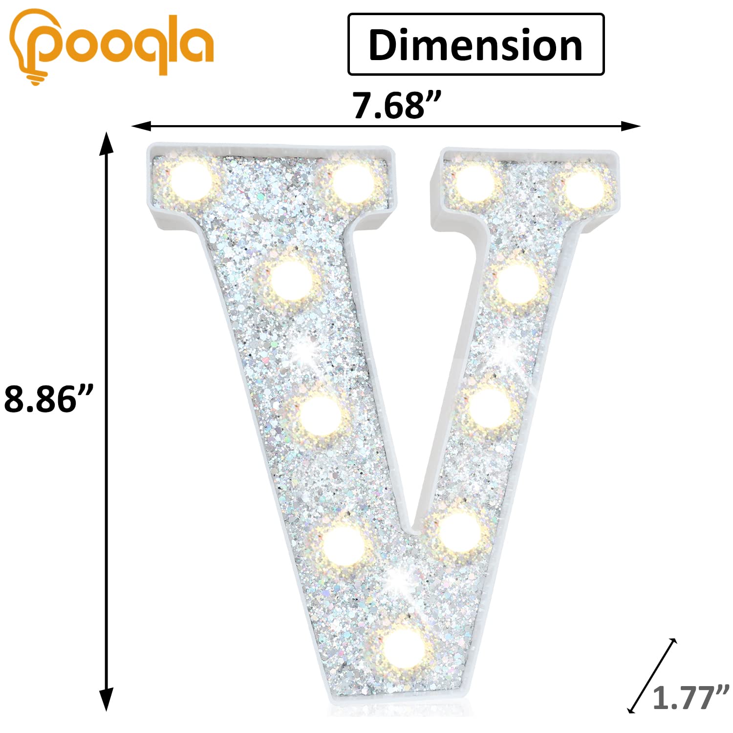 Pooqla LED Marquee Letter Lights, Sequin Silver Alphabet Sign, Battery Powered for Parties and Home Decoration, Silver Letter V