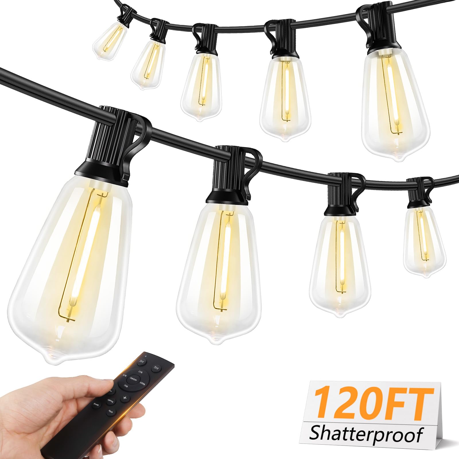 Brightever LED Outdoor String Lights, 120FT, Waterproof, Dimmable, 36+2 Shatterproof Bulbs, Warm White, Model CMC-O36XA, Black