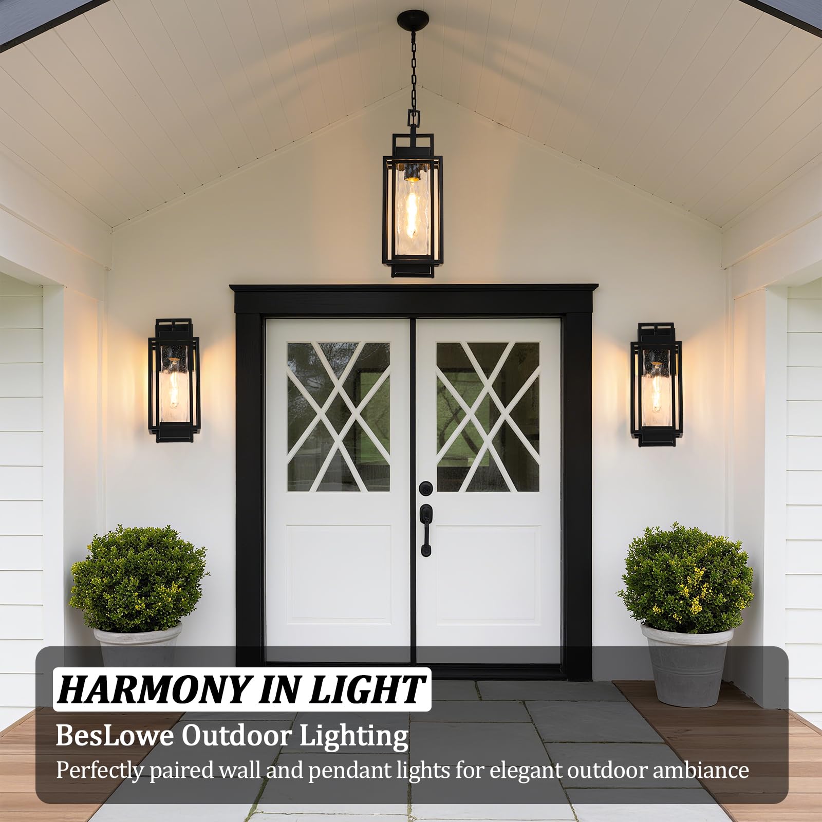 BesLowe 2-Pack Outdoor Wall Lights, Black, Water Ripple Glass, 15” Fixtures, Model 5271XX