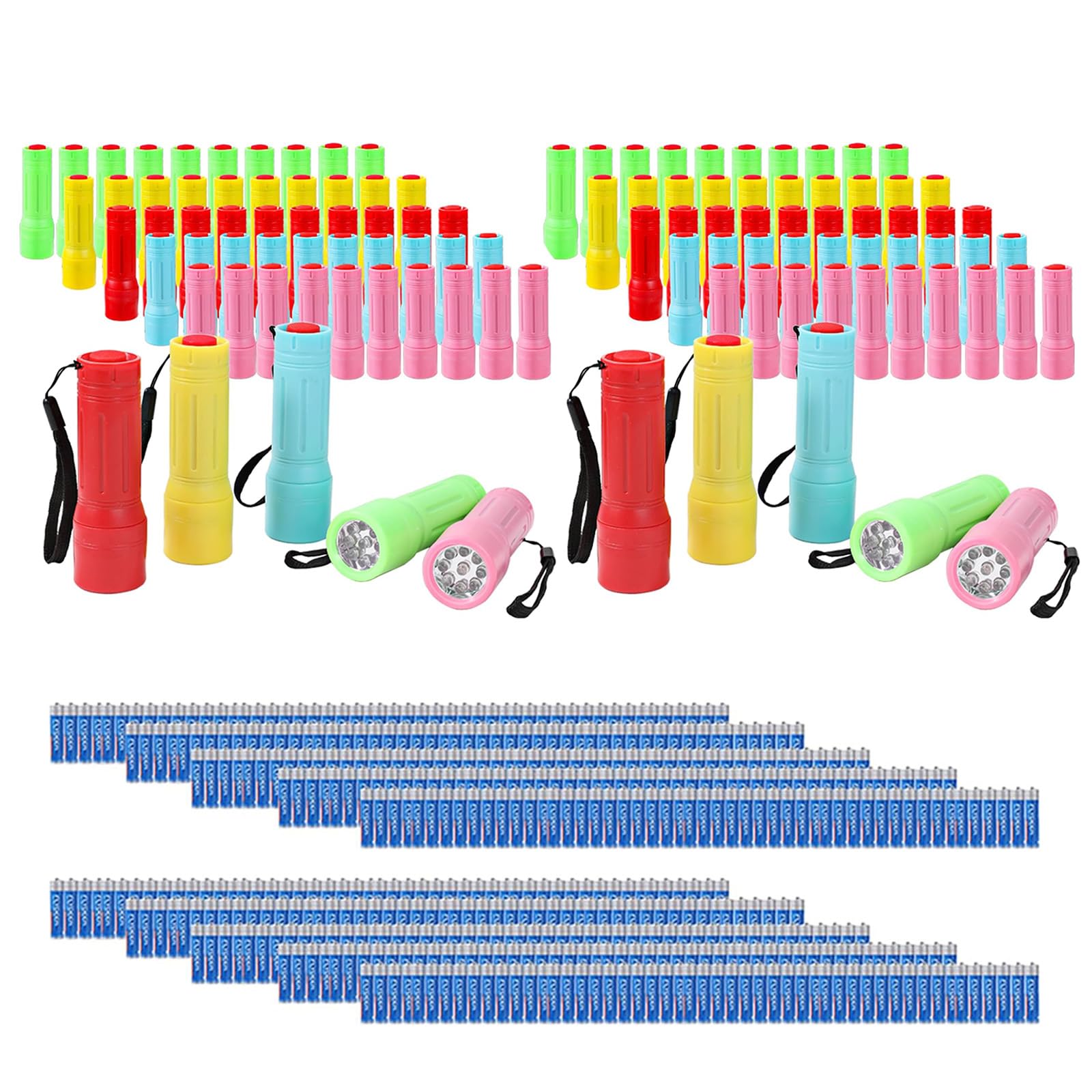 Hilngav 100 Pack Mini Flashlights Bulk, Small Multicolor Flashlights Bulk with Lanyard, 300 AAA Batteries Included for Hurricane
