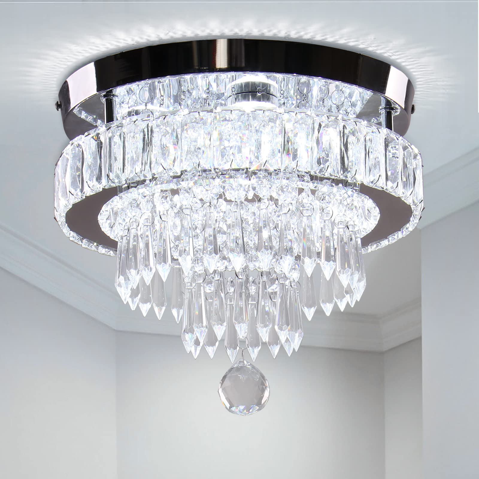 11.8&quot; Modern Crystal Chandelier Led Flush Mount Ceiling Light For Bedrooms, Dining Room, Hallway (6500K Cool White)