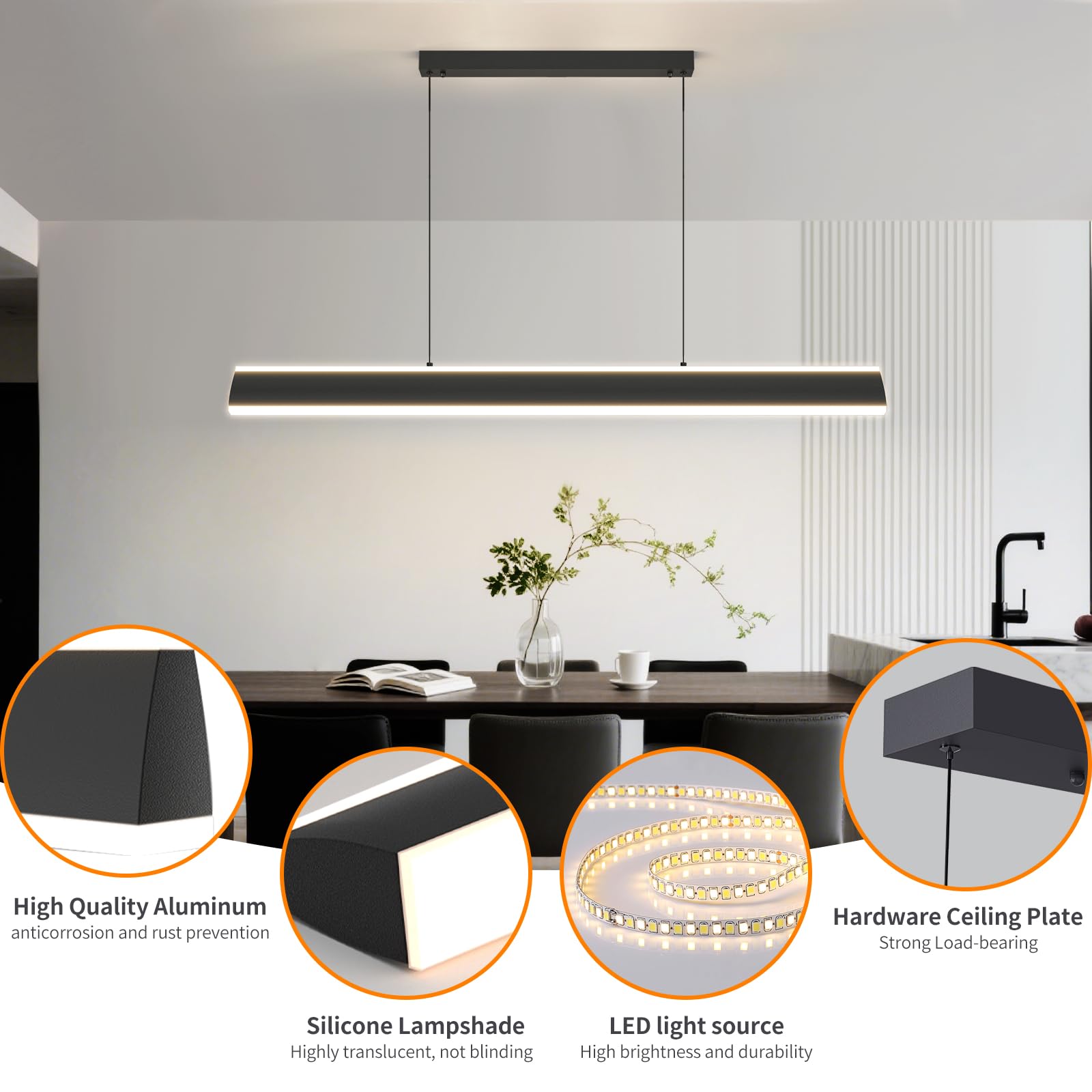 Mikeru Modern Chandelier Light, 31IN LED Pendant, Aluminum, Remote Control, 3000K-6500K Adjustable Color, C-Black, Model NXFSJ