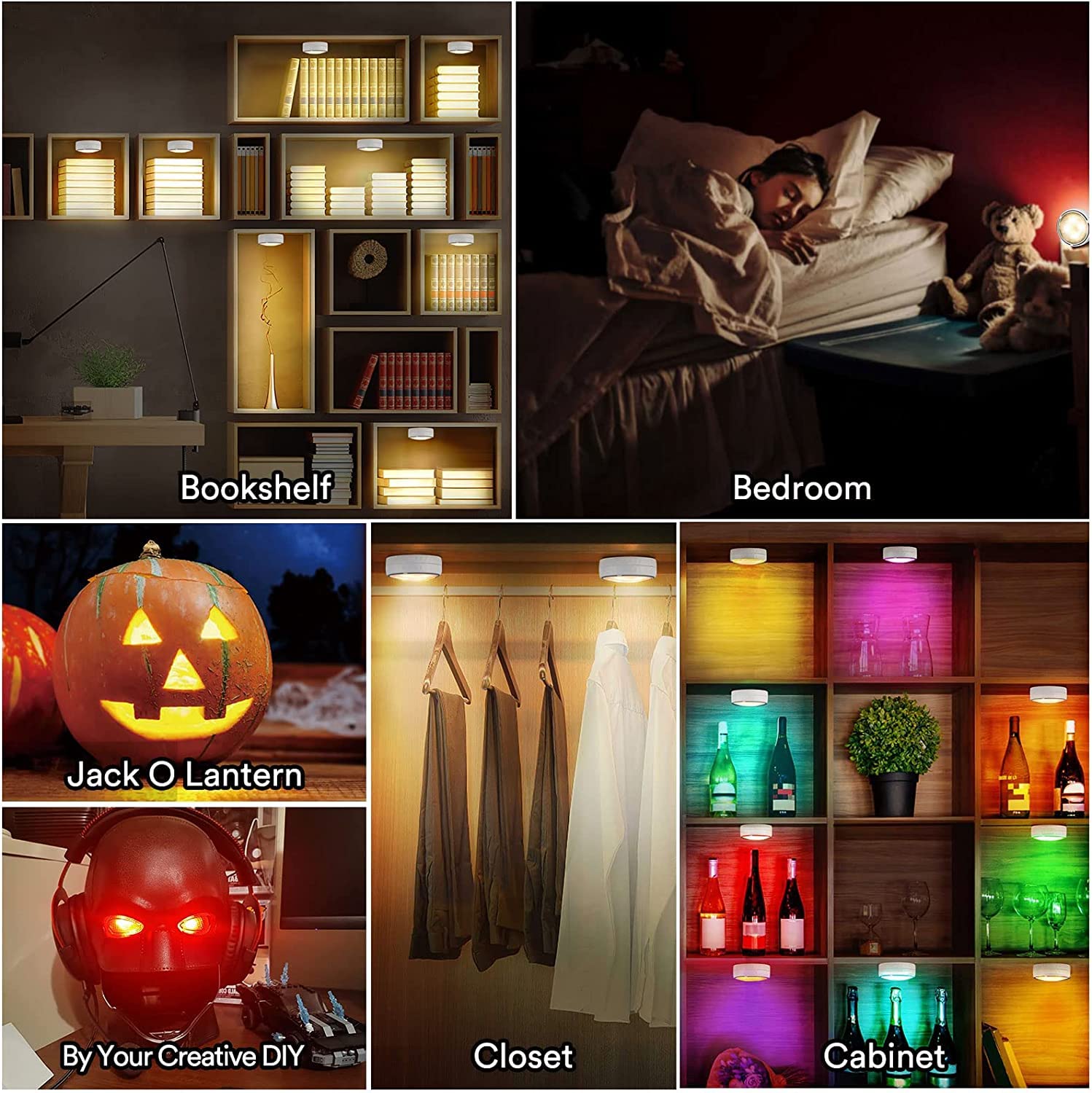 Onumii LED Puck Lights, 16 Color Changing, Dimmable, Battery Operated, 6 Pack, White, Remote Control for Under Cabinet Use