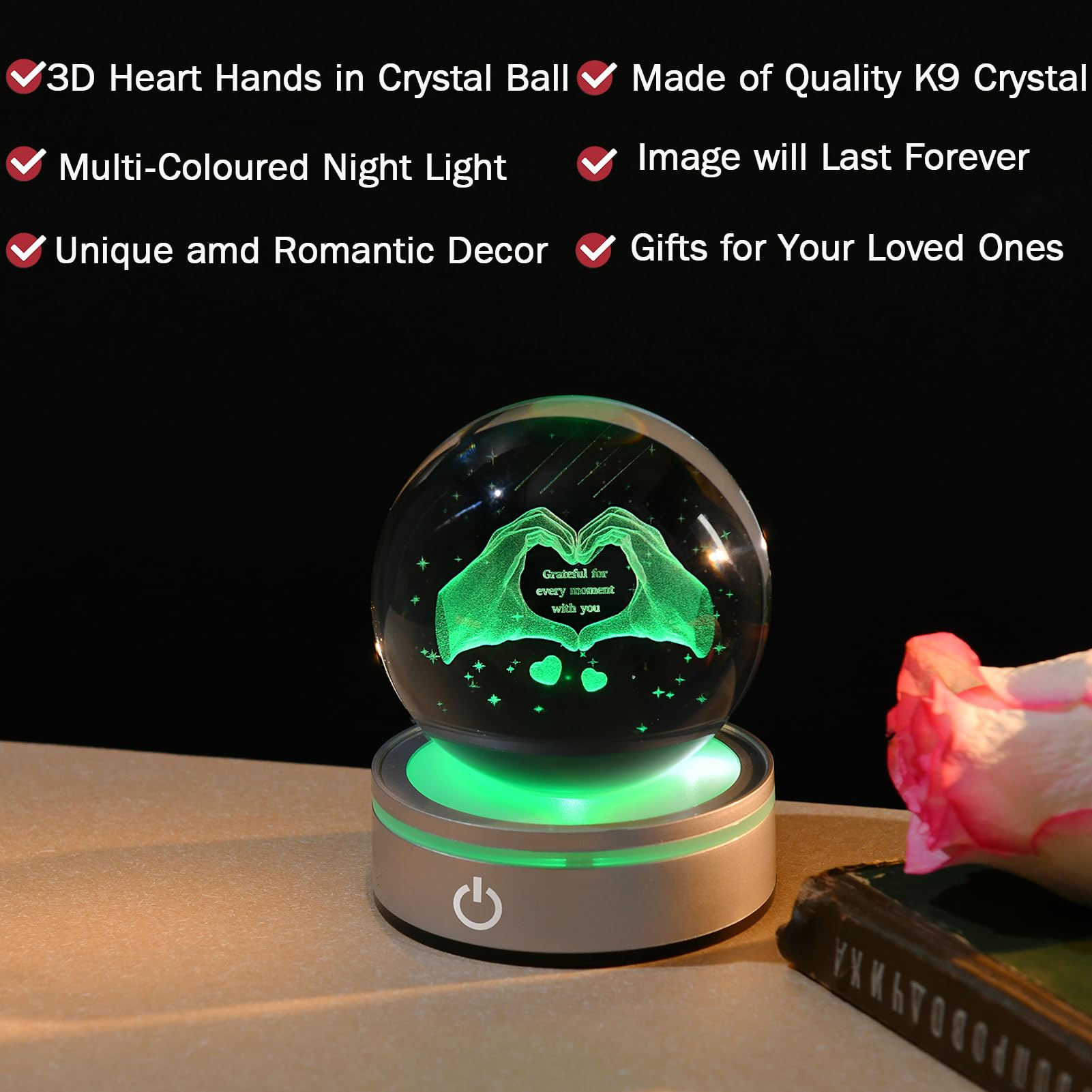 Ifolaina 3D Heart Crystal Ball Grateful Gifts For Mom Wife 3.15 Engraved Glass Love Hands Sphere Decor Gifts For Mothers Day Anniversary Birthday Crystal Heart Hands Lamp