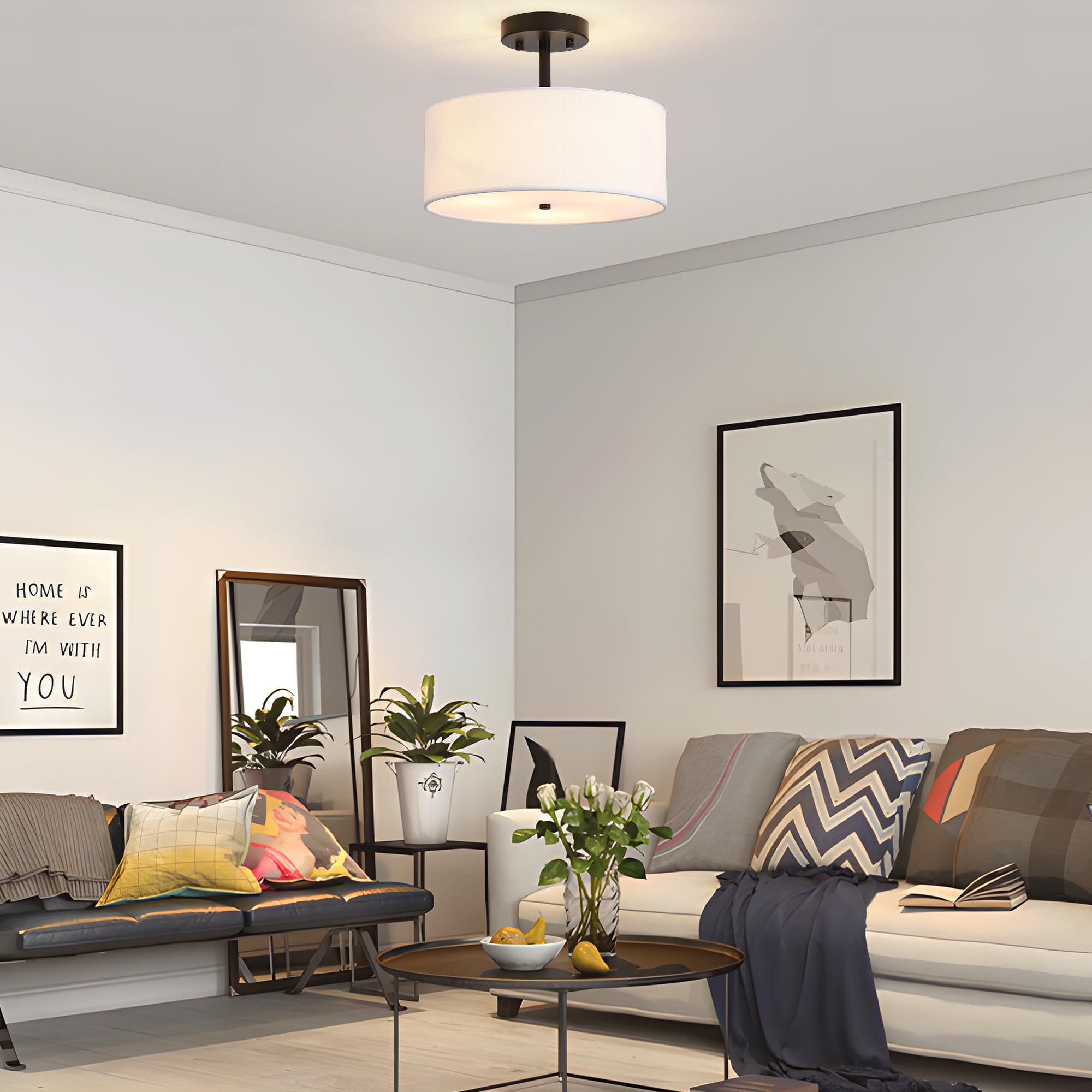 Febeleven 3-Light Semi Flush Mount Ceiling Light Modern Black Drum Light Fixtures With White Fabric Cover Shade Round Chandelier