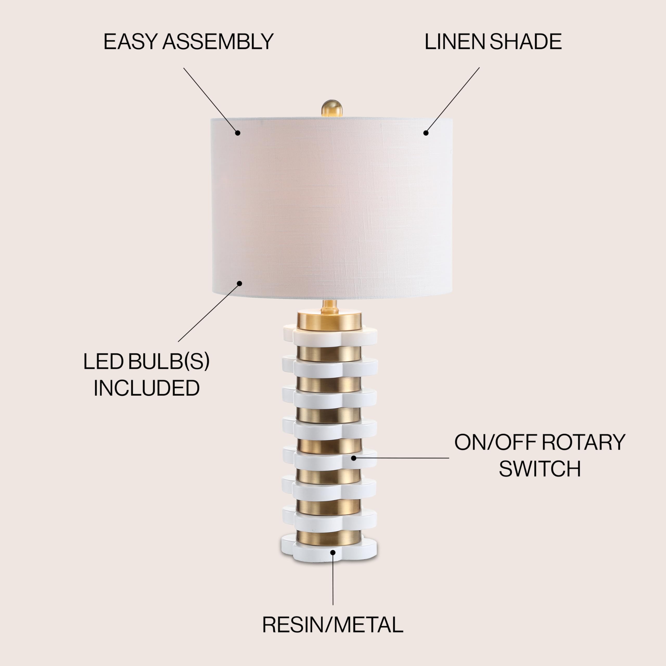 JONATHAN Y Wellington LED Table Lamp, 26.5in Resin, Brass Gold, Model JYL1010A, Contemporary Design for Bedroom, Living Room, Office
