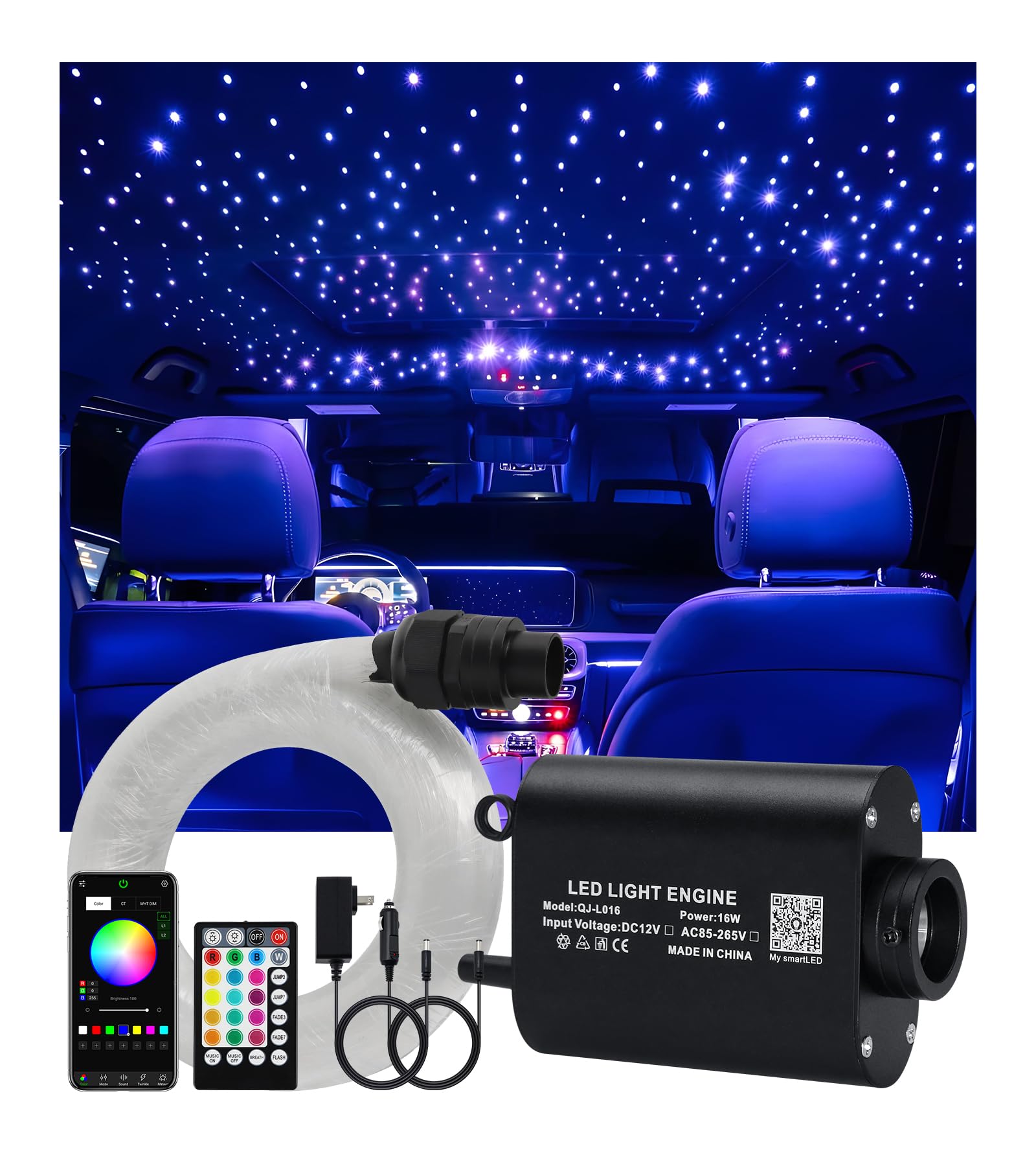 Starlight Headliner Light Kit 16W Upgraded Car Home Fiber Optic Lights 500pcs 0.03in(6.5ft/2m) Sound Activated APP/Remote Control Small Size Star Lights for Car Home Star Ceiling Decoration