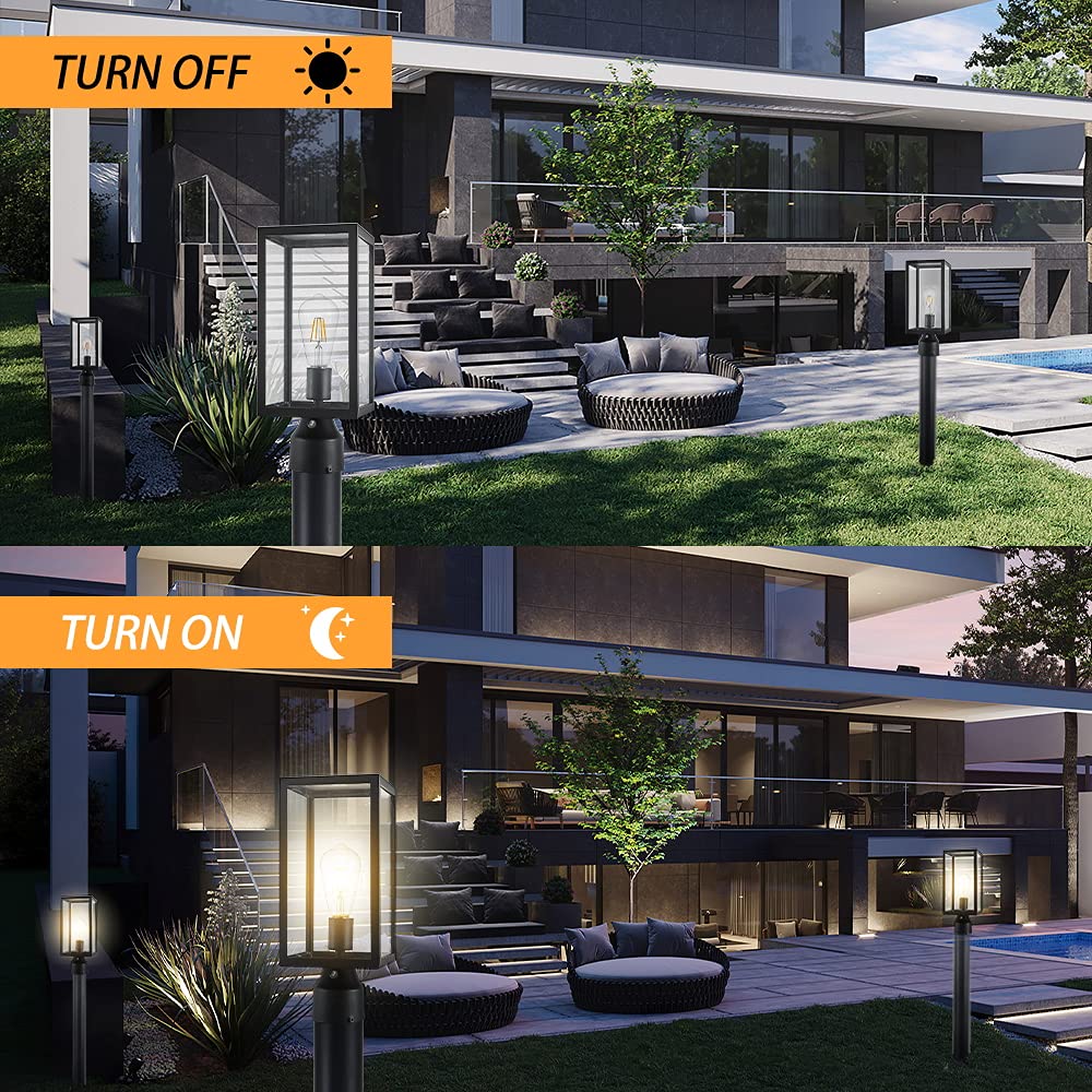 Windben Dusk To Dawn Outdoor Post Light Fixture, Matte Black Aluminum Lantern For Gardens & Yards