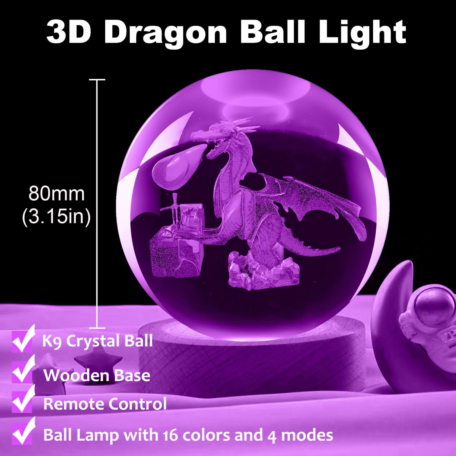 LINSINA 3D Dragon Lamp, 16 Colors Crystal Ball Night Light, Wooden Base, Remote Control, Model lamp-01, Color Dragon Treasure