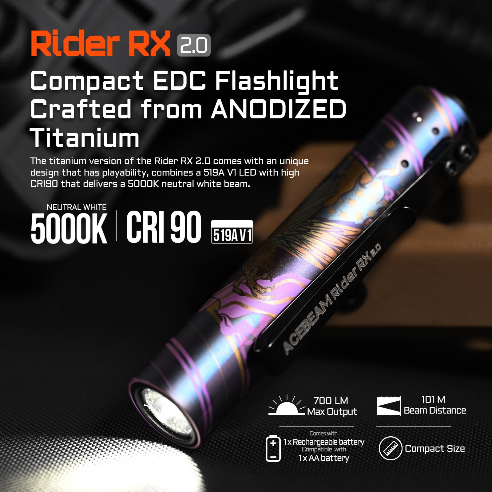 ACEBEAM Rider RX EDC Flashlight - 700 Lumens, Titanium Fireworks Eagle, Rechargeable, Compact LED with Clip, Model RX-Titanium 5000K